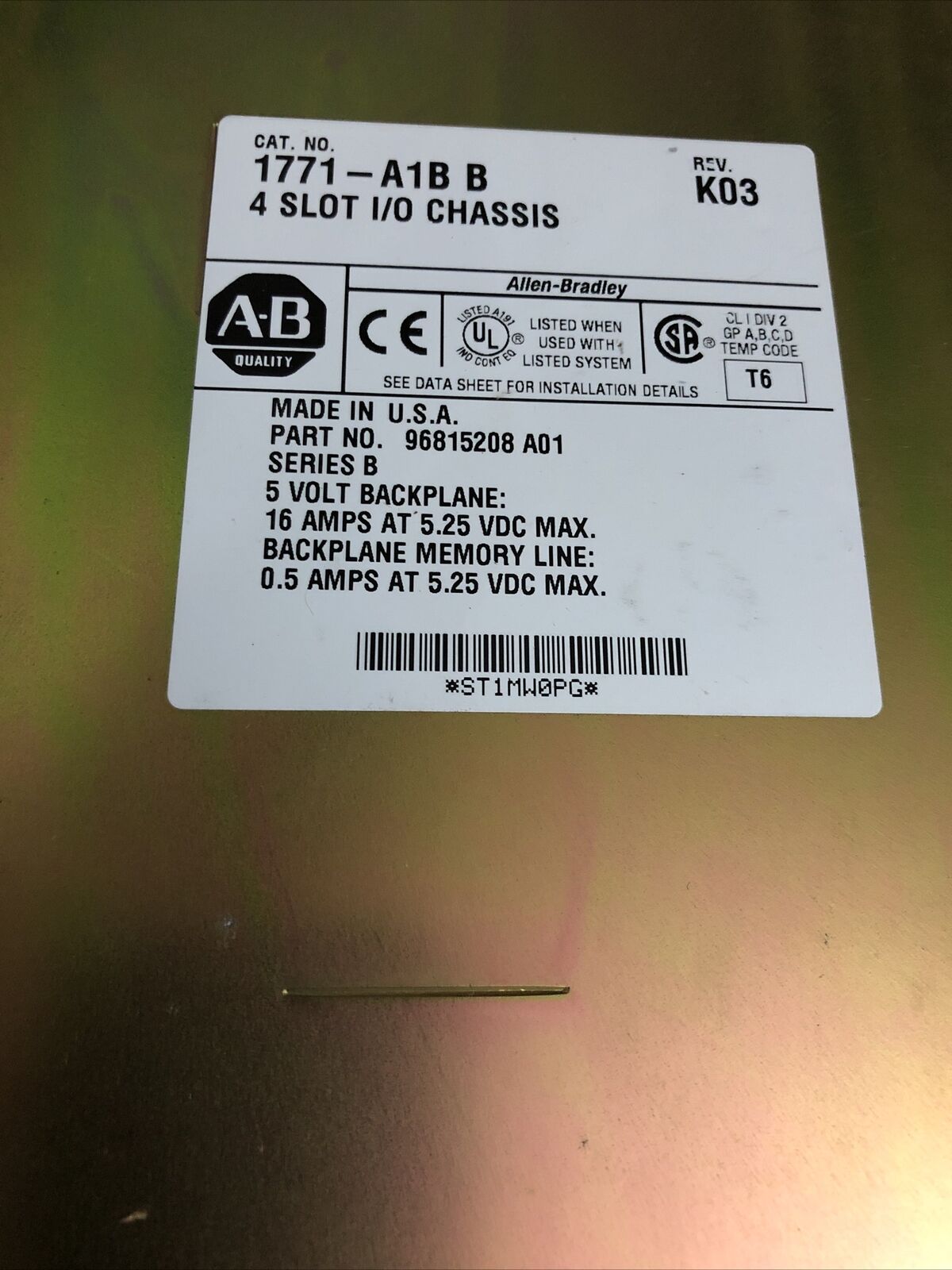 Allen Bradley 1771-A1b B,4-Slot I/O Chassis,1771-P4s,Cp07d,96815208 A01,Cy