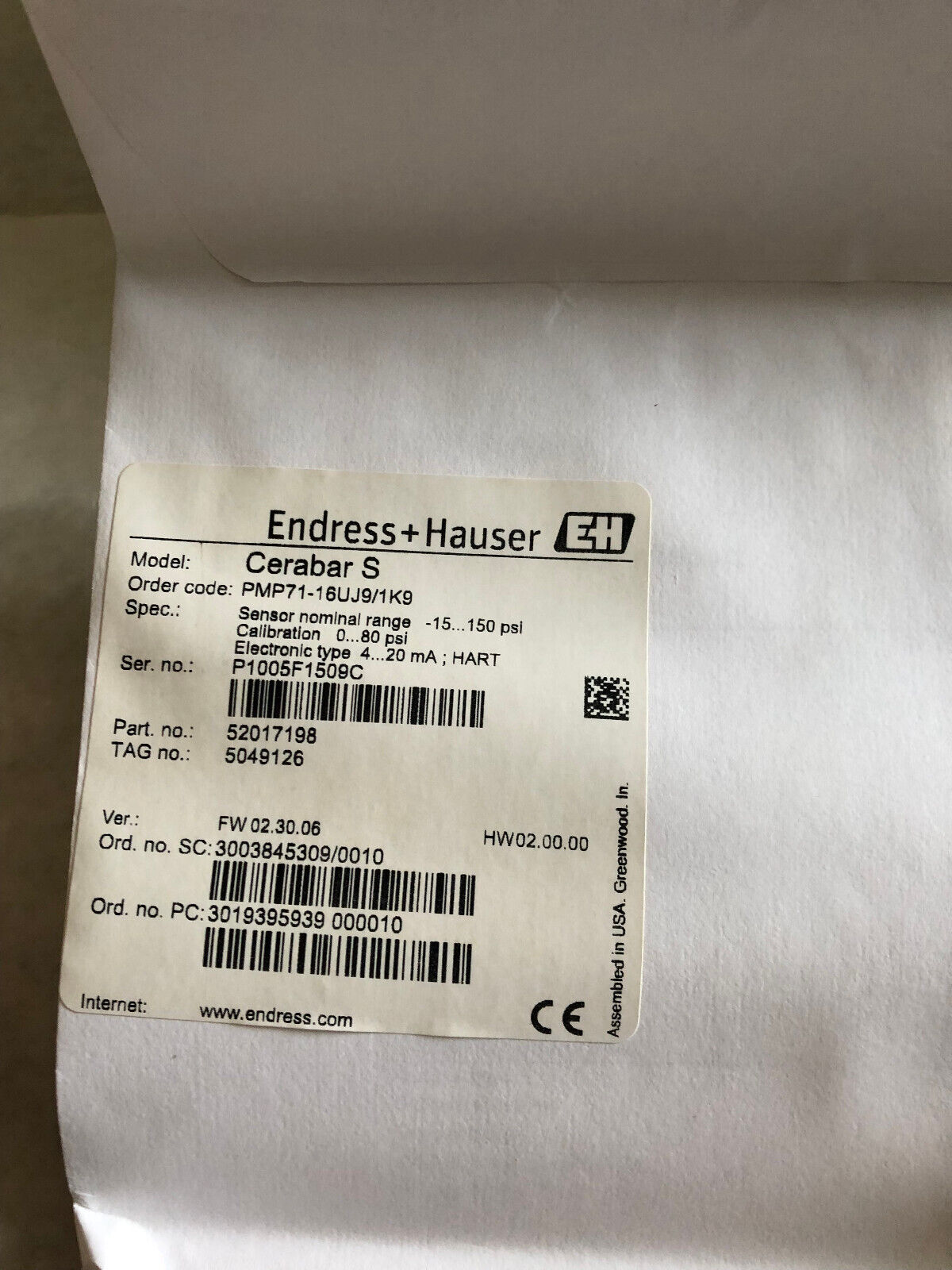 New Endress+Hauser Pmp71-16Uj9/1K9, 52017196,Cerabars Transmitter,Cerabar S,Ez