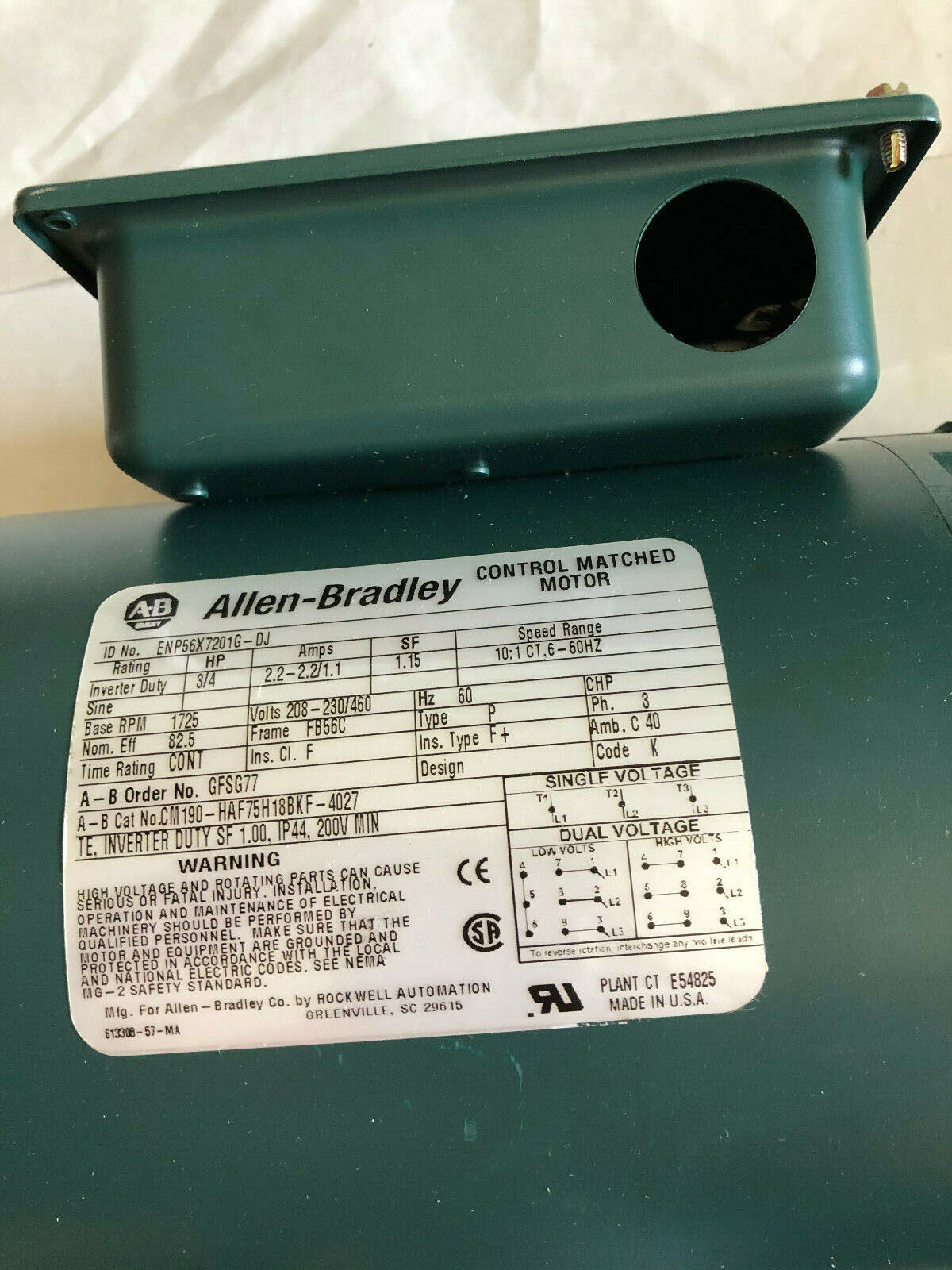 New Allen-Bradley Enp56x7201g-Dj,1725 Rpm,3/4Hp Inverter Duty Motor Unit,Fe
