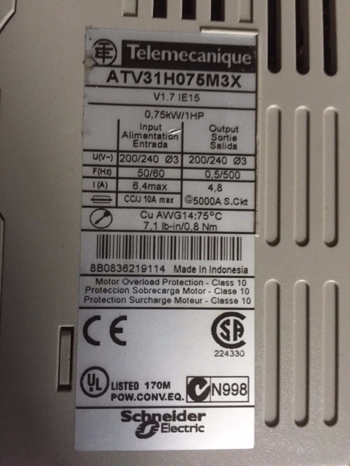 Telemecanique Atv31h075m3x Drive, 1Hp, 200-240V Altivar 31,Cr