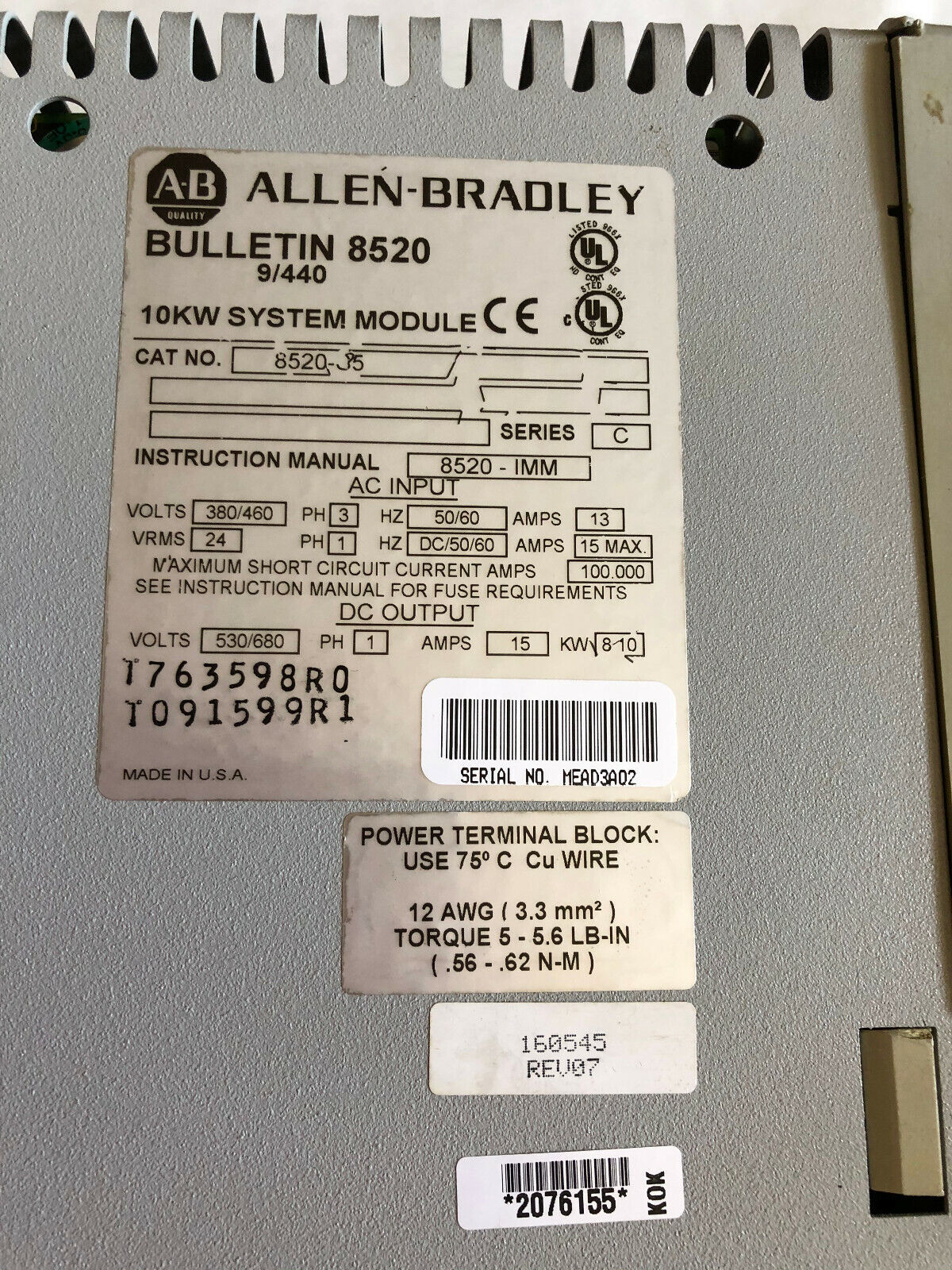 Alen-Bradley 8520-35,1394 Digital Servo Controller,Bulletin 8520 9/440,10Kw,Fe