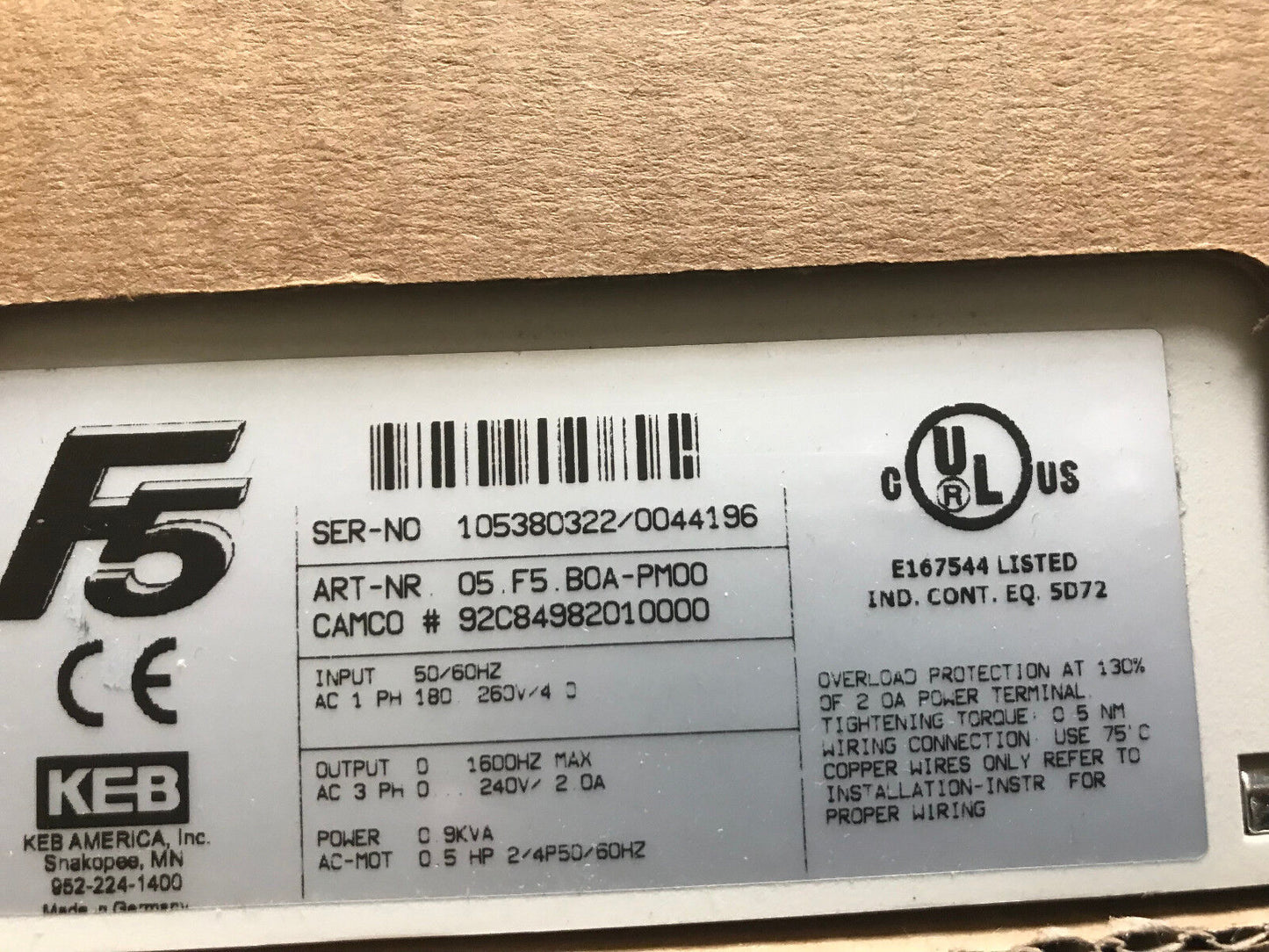 New Keb F5 05.F5.Boa-Pm00 Combivert 05.F5.Boa-Pmoo 0.9 Kva,05.F5.B0a-Pm00,By