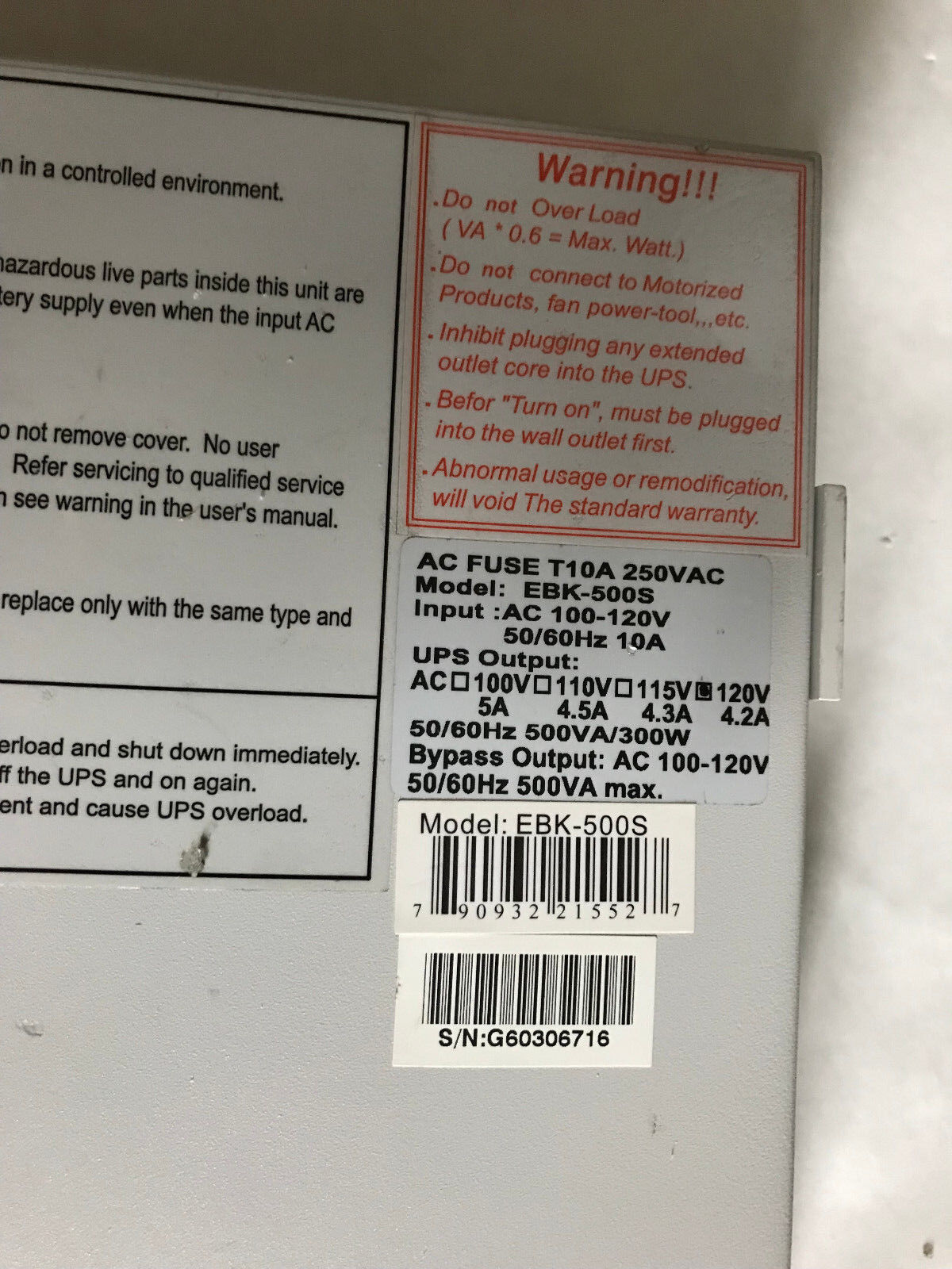 Powercom Ebk-500S 500 Vac Ups,T10a 250Vac,Aa