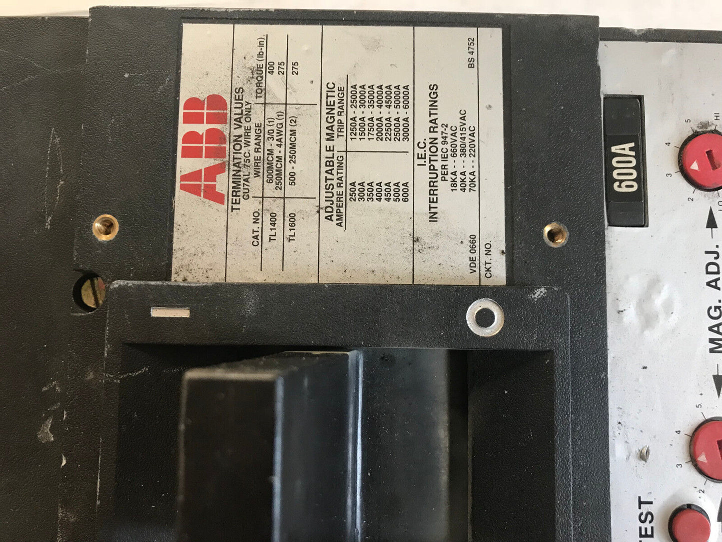 Abb Tl1400,Abb Ls,Abb Tl1600,Circuit Breaker,3 Pole 600A 600Vac 125/250Vdc,Sa