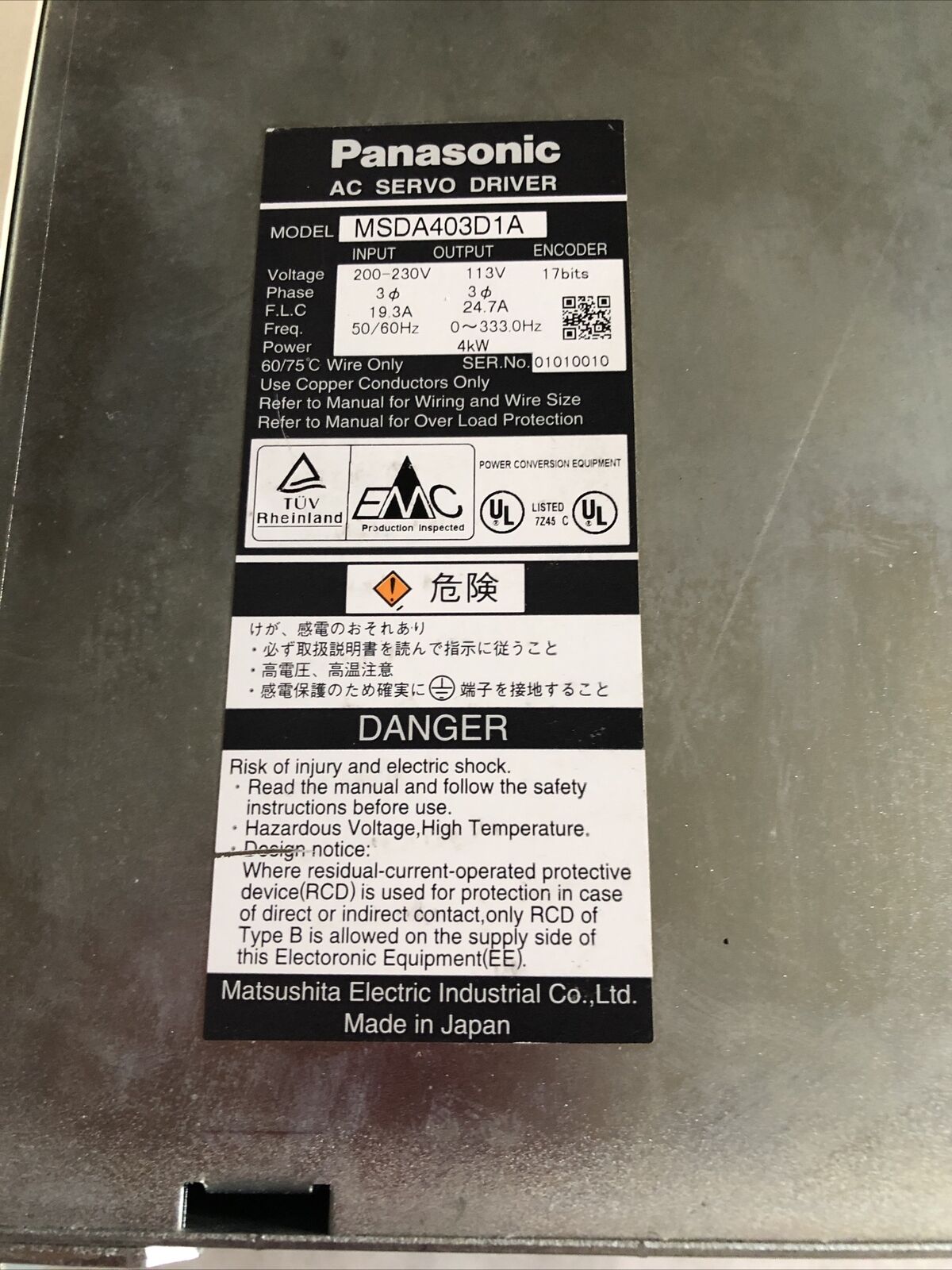 Panasonic Msda403d1a Ac Servo-Driver 113V Output,17Bits Encoder,4Kw,Bq