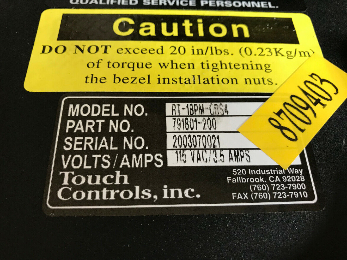 Touch Controls Rt-18Pm-Crs4 Industrial Monitor,791801-200,115 Vac/3.5 Amps,Ab