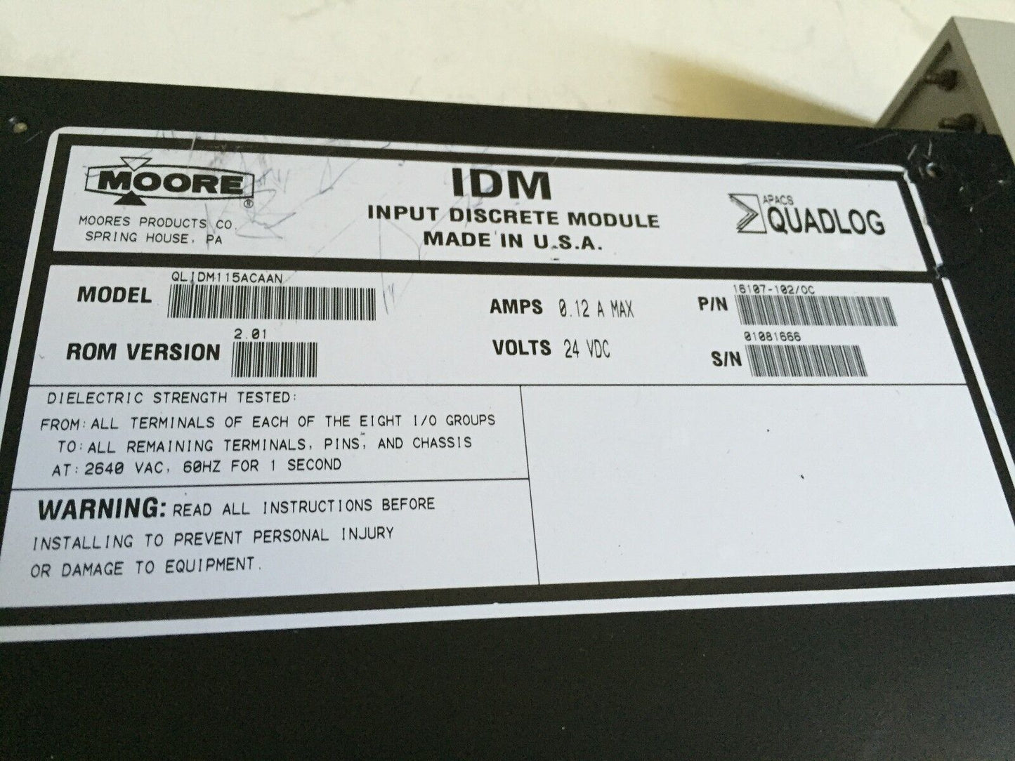 Moore Qlidm115acaan,Idm 115 Vac,Critical 24Vdc .12Amp Apacs+ Quadlog,16107,Tg,Cs