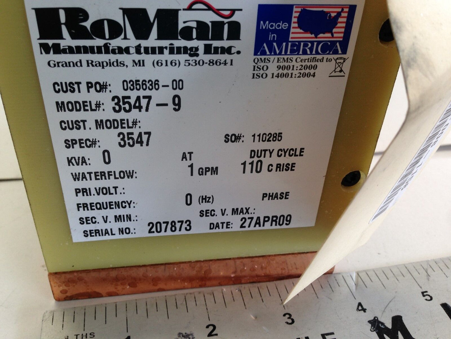 New Roman Manufacturing 3547-9 Fixture Type Transformer/Grounding Reactor,Fj