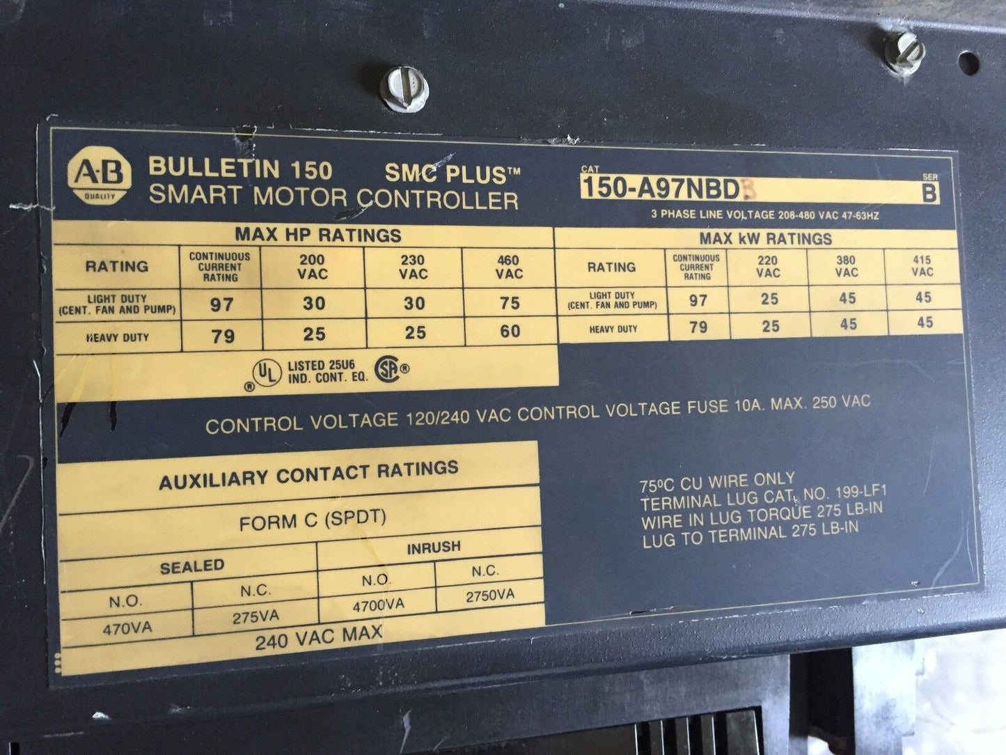 Allen Bradley 150A97nbdb Motor Controller Smc Plus Open 97Amp 3Ph 480Vac,Fa