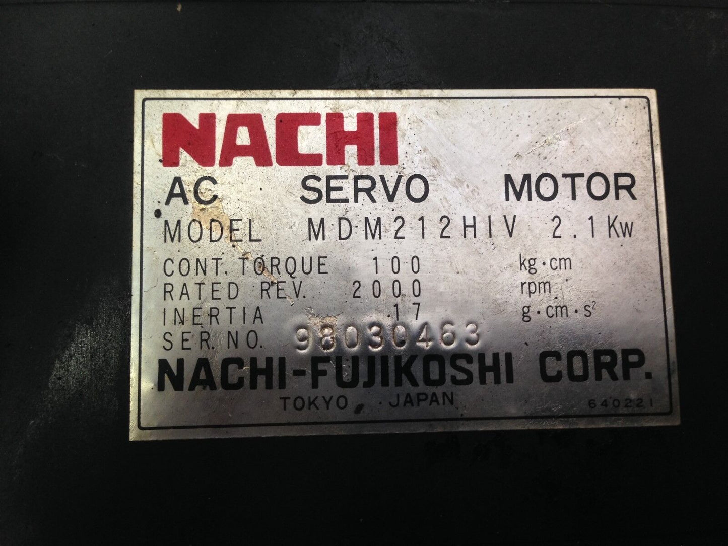 Nachi Mdm212hiv 2.1Kw Ac Servo Motor, 2.1Kw,2000-Rpm Nachi-Fusikoshi,Bk