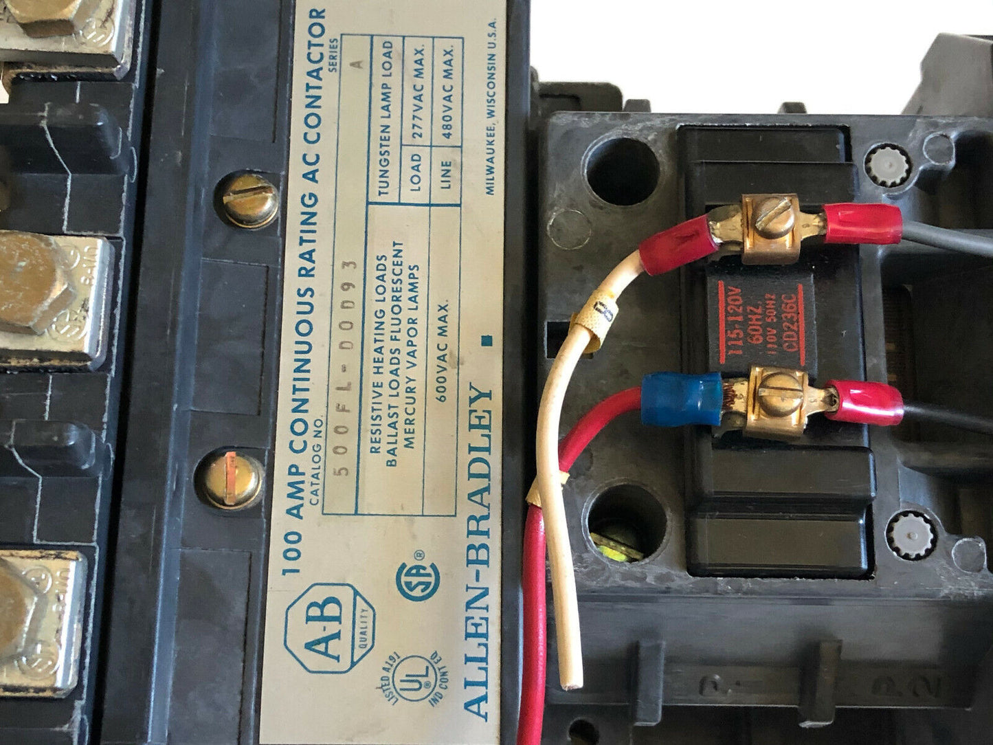 Allen Bradley 500Fl-D0d93,100Amp Continuous Ac Contactor 500Fl-Dod93,120V,Ck