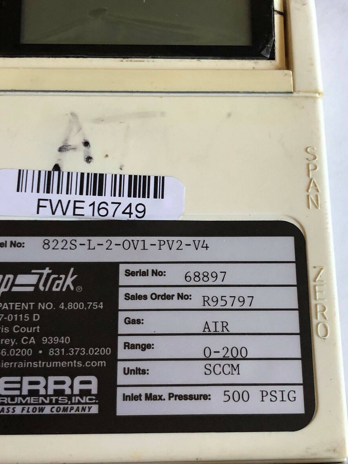 Sierra Instruments 822S-L-2-Ov1-Pv2-V4 Gas Mass Flow Meter W/ Digital Displ,De