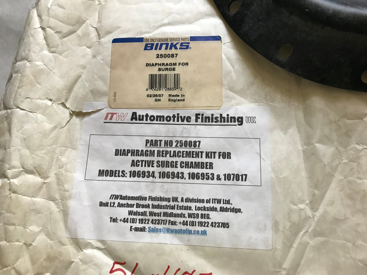New Itw 250087 Diaphragm Kit Active Surge Chamber Binks 250087,192232,Sa