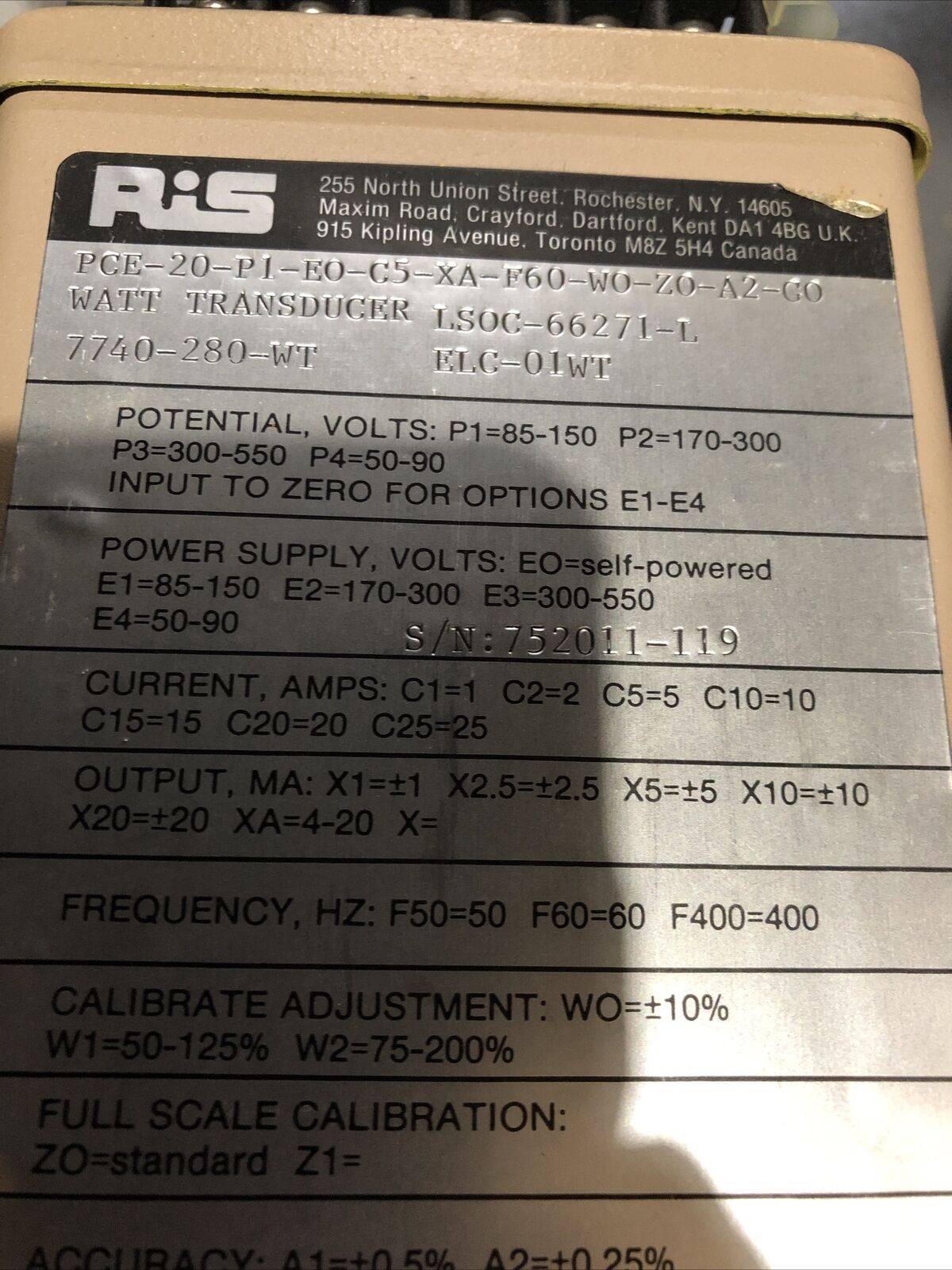 Ris Pce-20-P1-E0-C5-Xa-F60-W0-Z0-A2-G0,Ris Pce-20 Watt Transducer Rochester,Ap