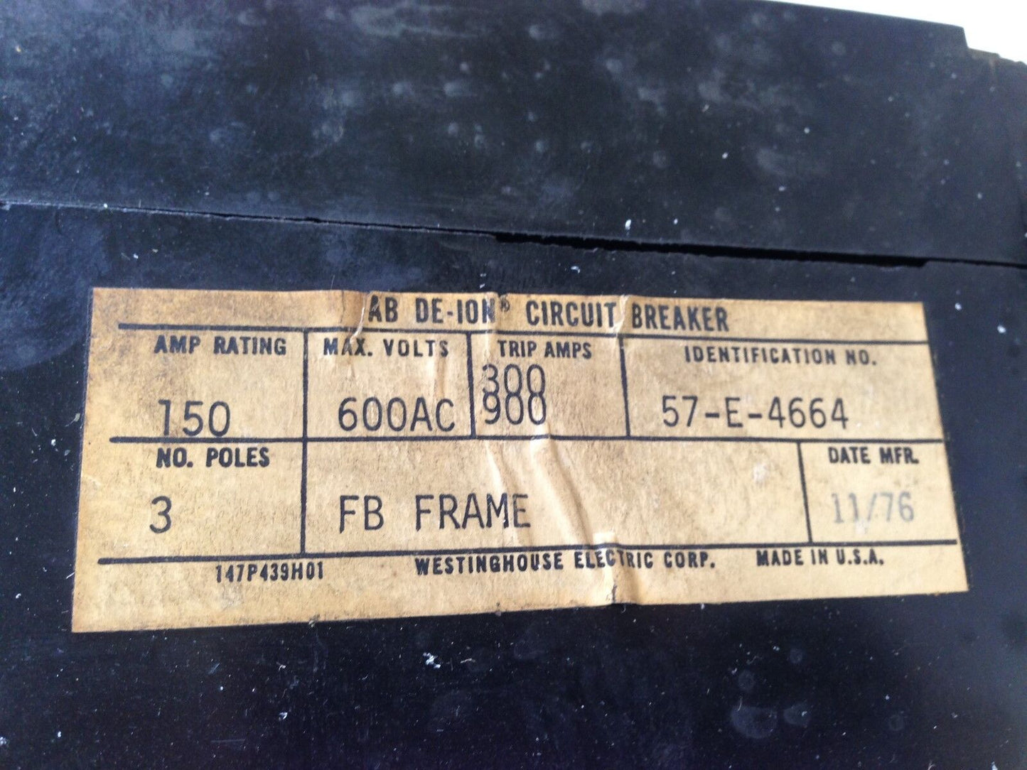 Westinghouse 57-E-4664,150 Amp Circuit Breaker, 600 Vac, 3-Pole,150A,3 Phase,Ag