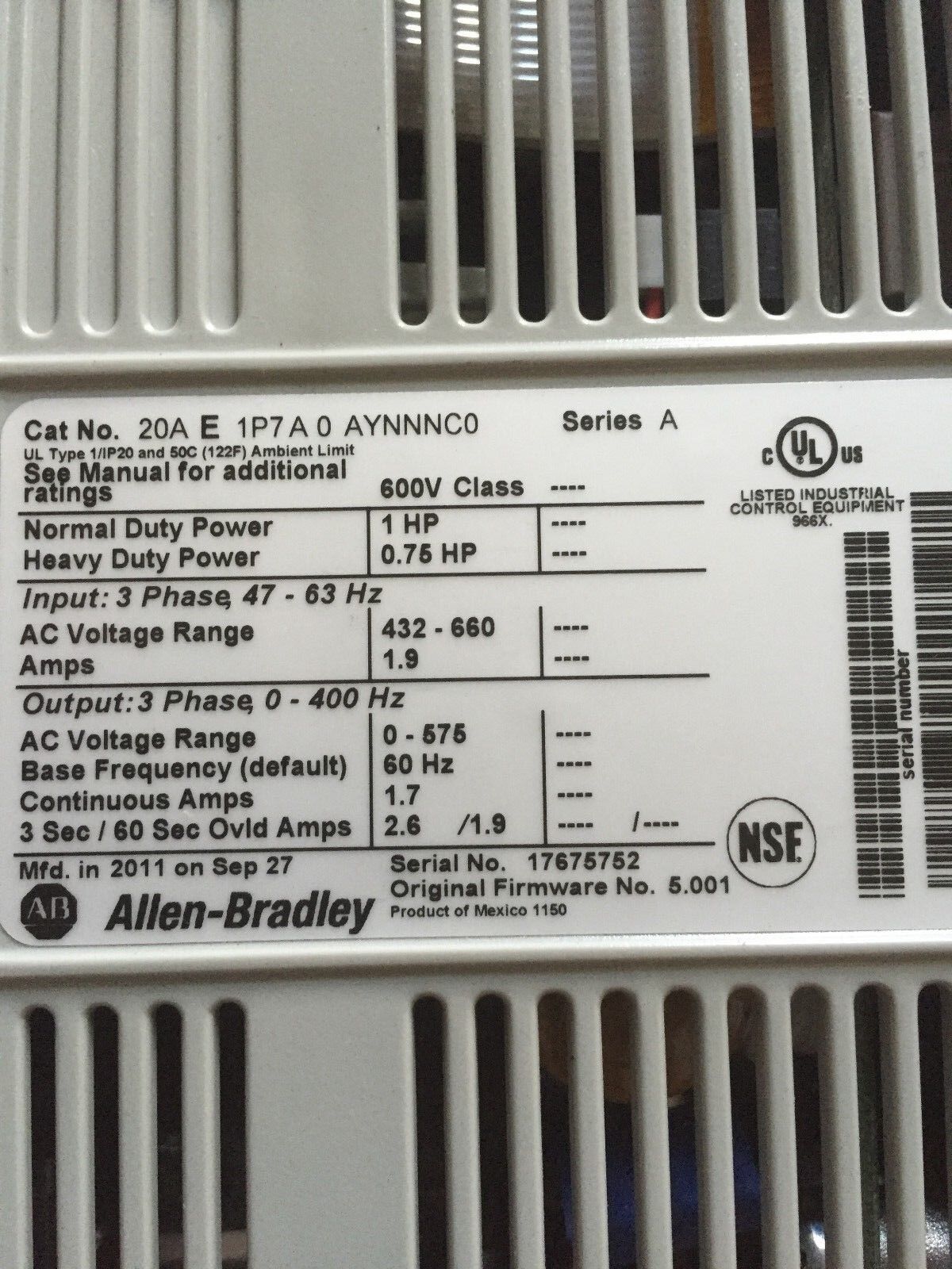 New Allen Bradley 20A E 1P7 A 0 Aynnnc0 Powerflex  1Hp,20Ae1p7a0aynnnc0,Cy