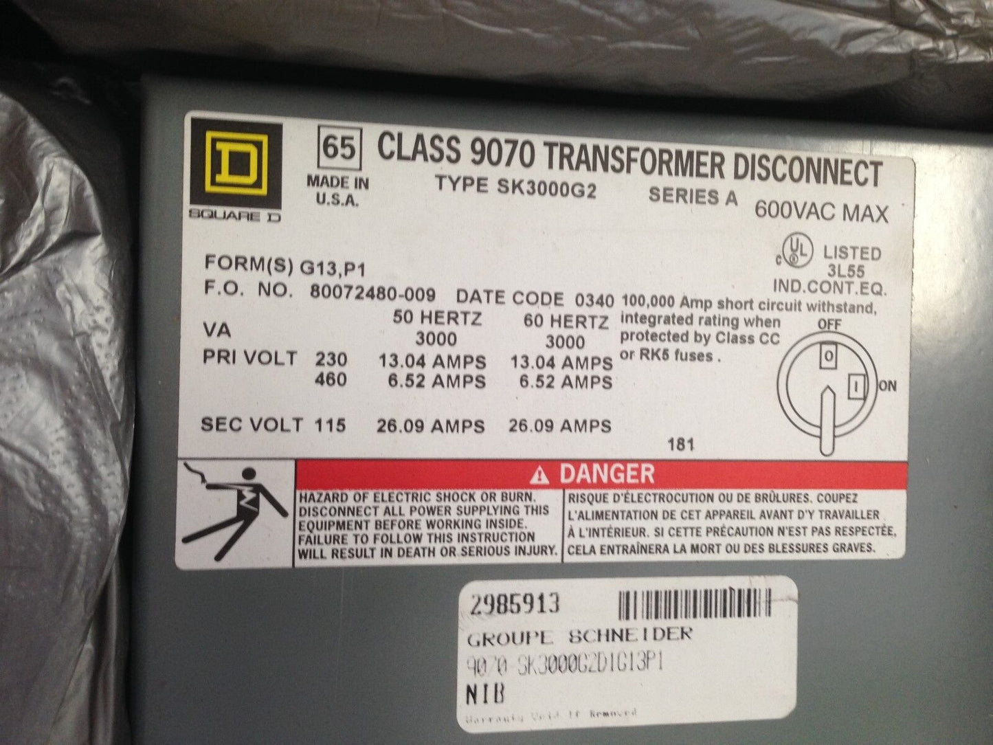 New Square D 9070-Sk3000g2d1g13p1,Sk3000g2,Class 9070 Transformer Disconnect,Ghb
