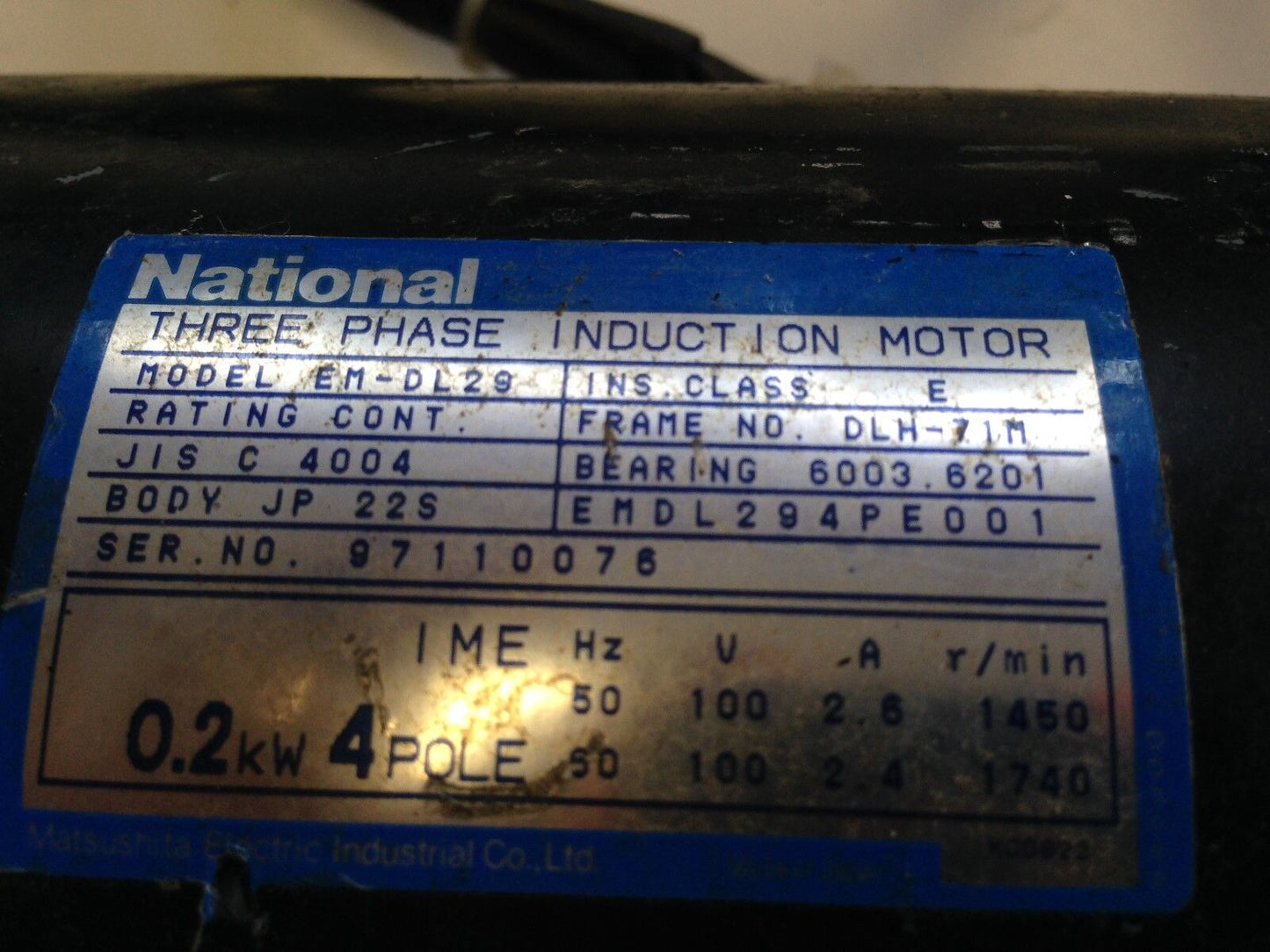 National Induction Em-Dl29 Ac Motor, 0.2 Kw, 3Ph, Fr: Dlh-71M, Rpm: 1740,Fi