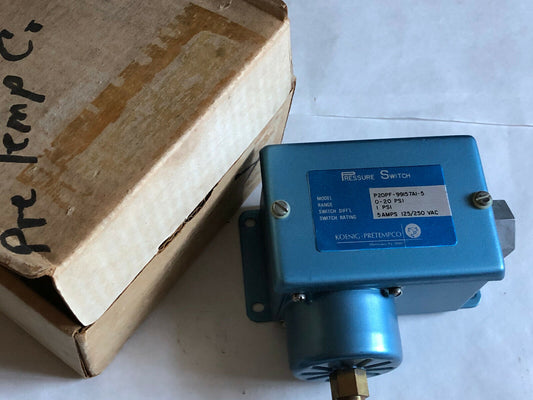 New Koenig Pretempo P20pf-99157A1-5 Pressure Switch 0-20Psi 5A, 125/250Vac,Se