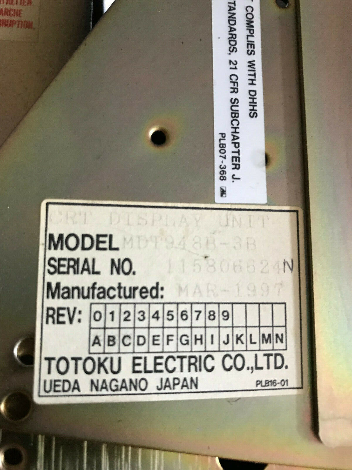 Enac Jznc-Iop32e1 Toshiba Control Monitor,Mdt948b-3B,Jancd-Fc904-1 Rev. C01,So