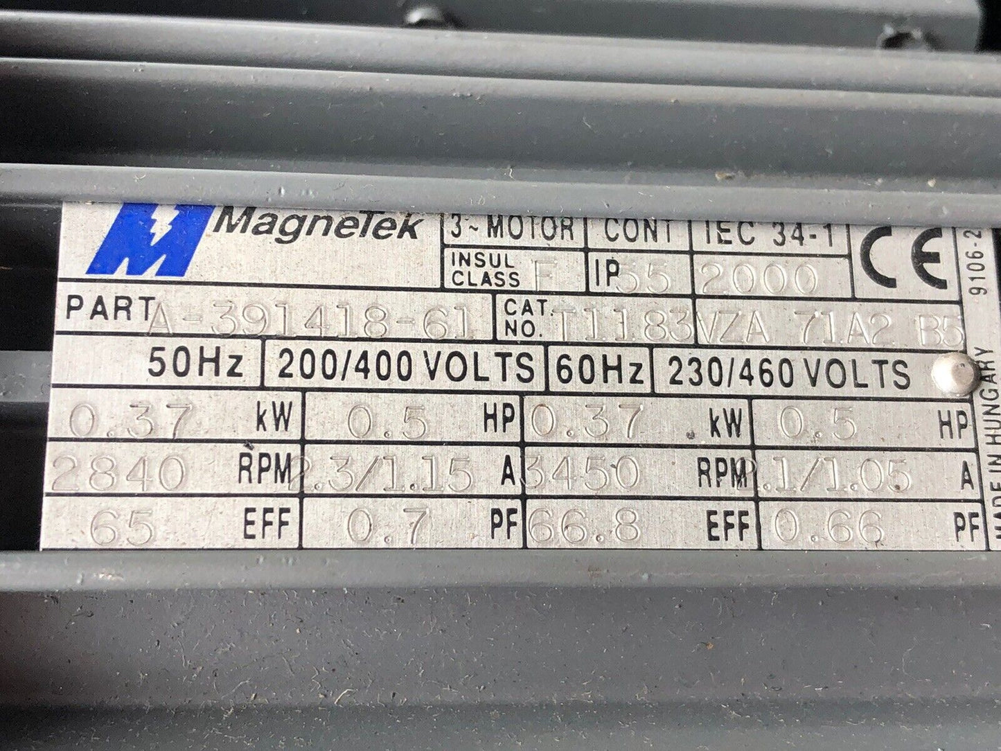 Magnetek A-391418-61 Ac Motor,T11 83 Vza 71A2 B5 3 Phase, .5 Hp,200-460 Vac,Dh