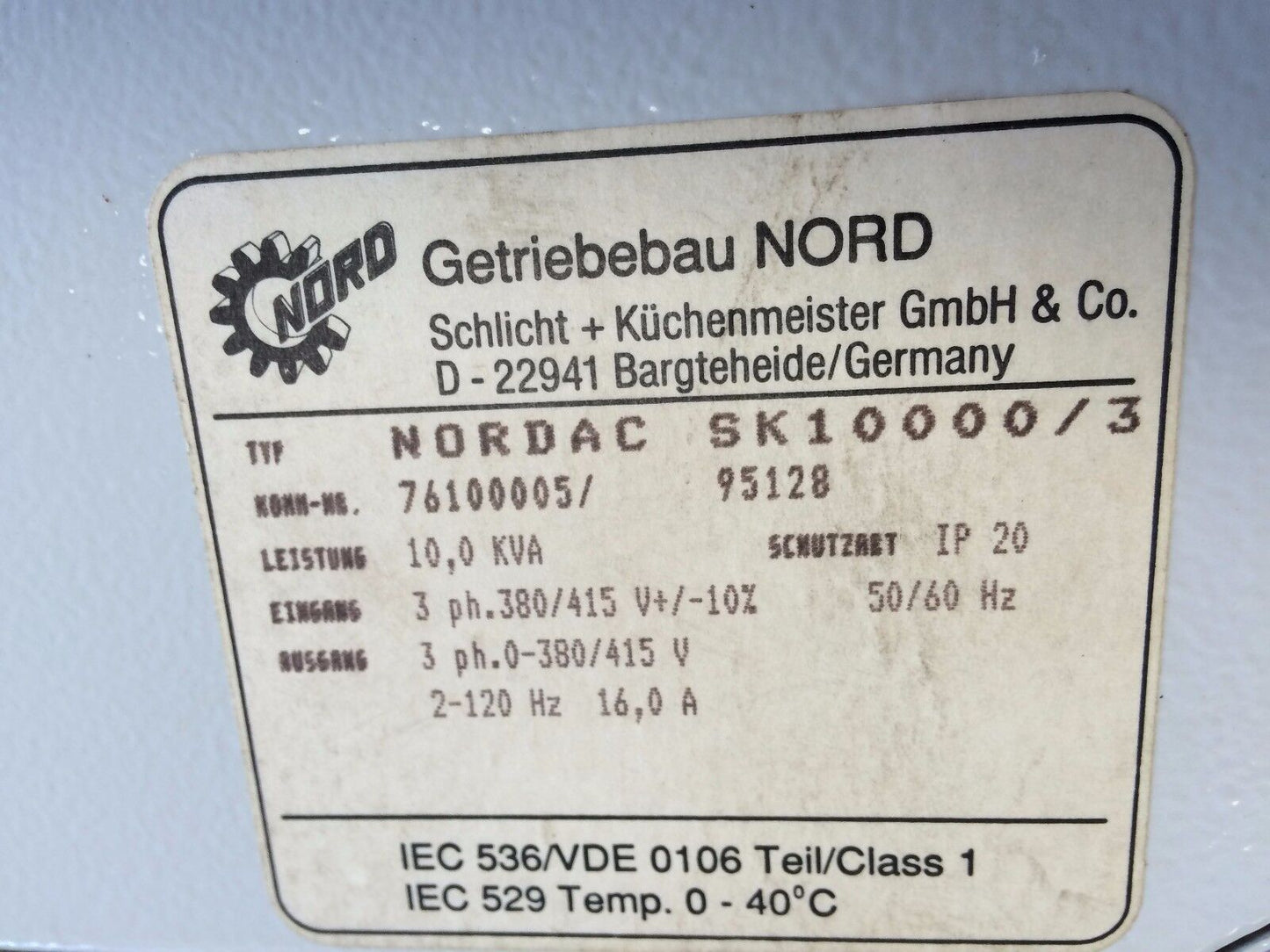 Getriebebau Nordac Sk10000/3 Ac Drive,3-Ph,0-380/415V,76100005, 16.0A,Ez