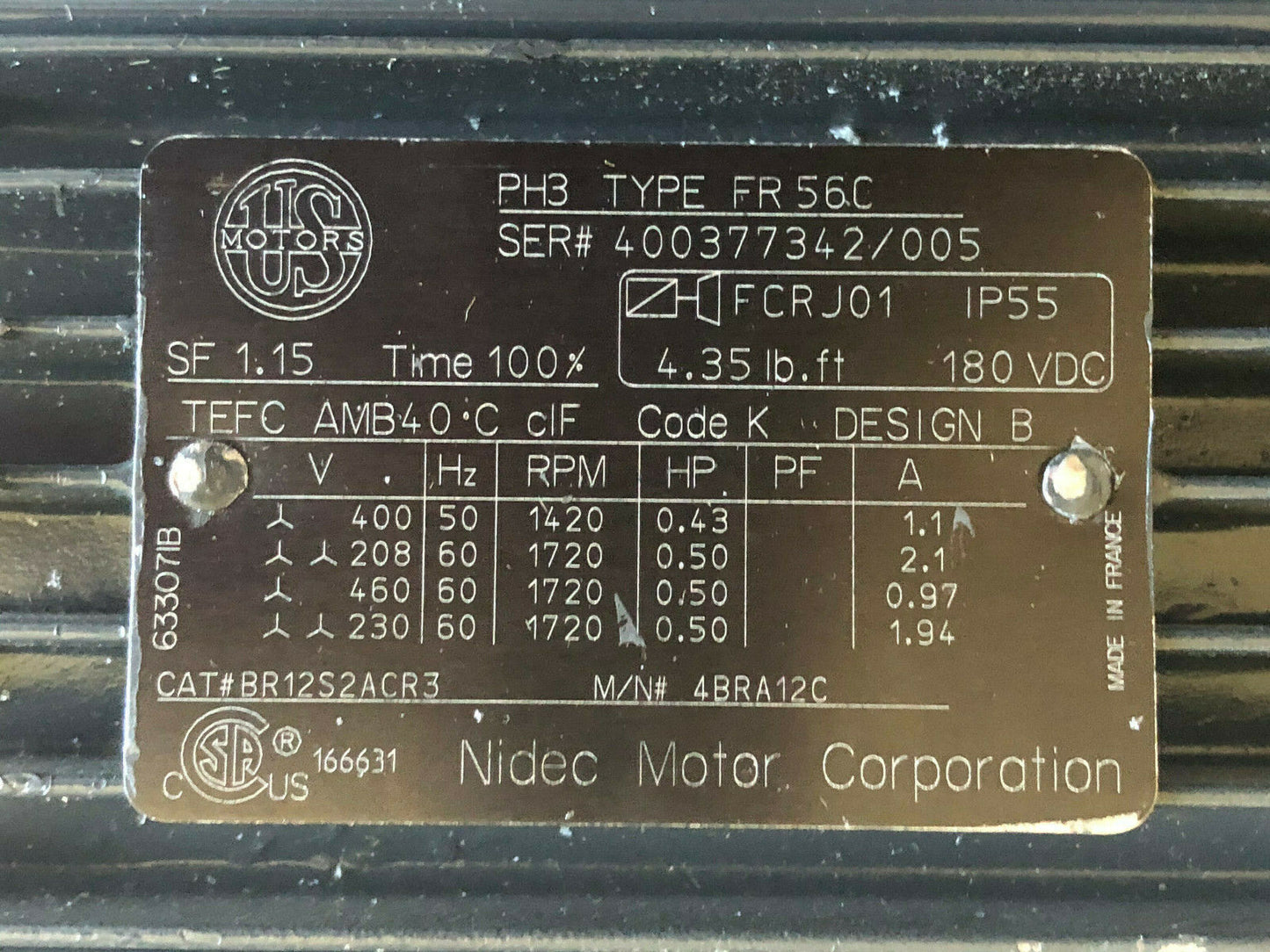 Us Motors Br12s2acr3 Brake Motor 1/2 Hp Nidec Repaired,4Bra12c,Fr56c,Ph3,Tefc,Ch
