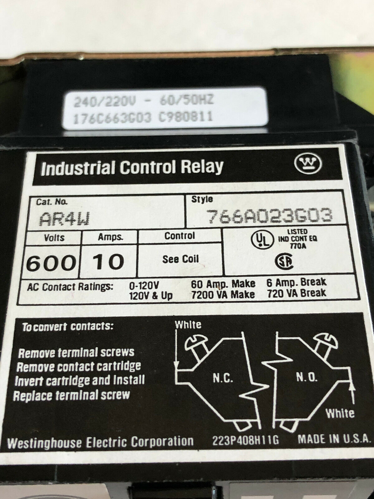 New Cutler Hammer Ar4w 766A023g03 240/220V,10 Amps Industrial Control Relay,Ej