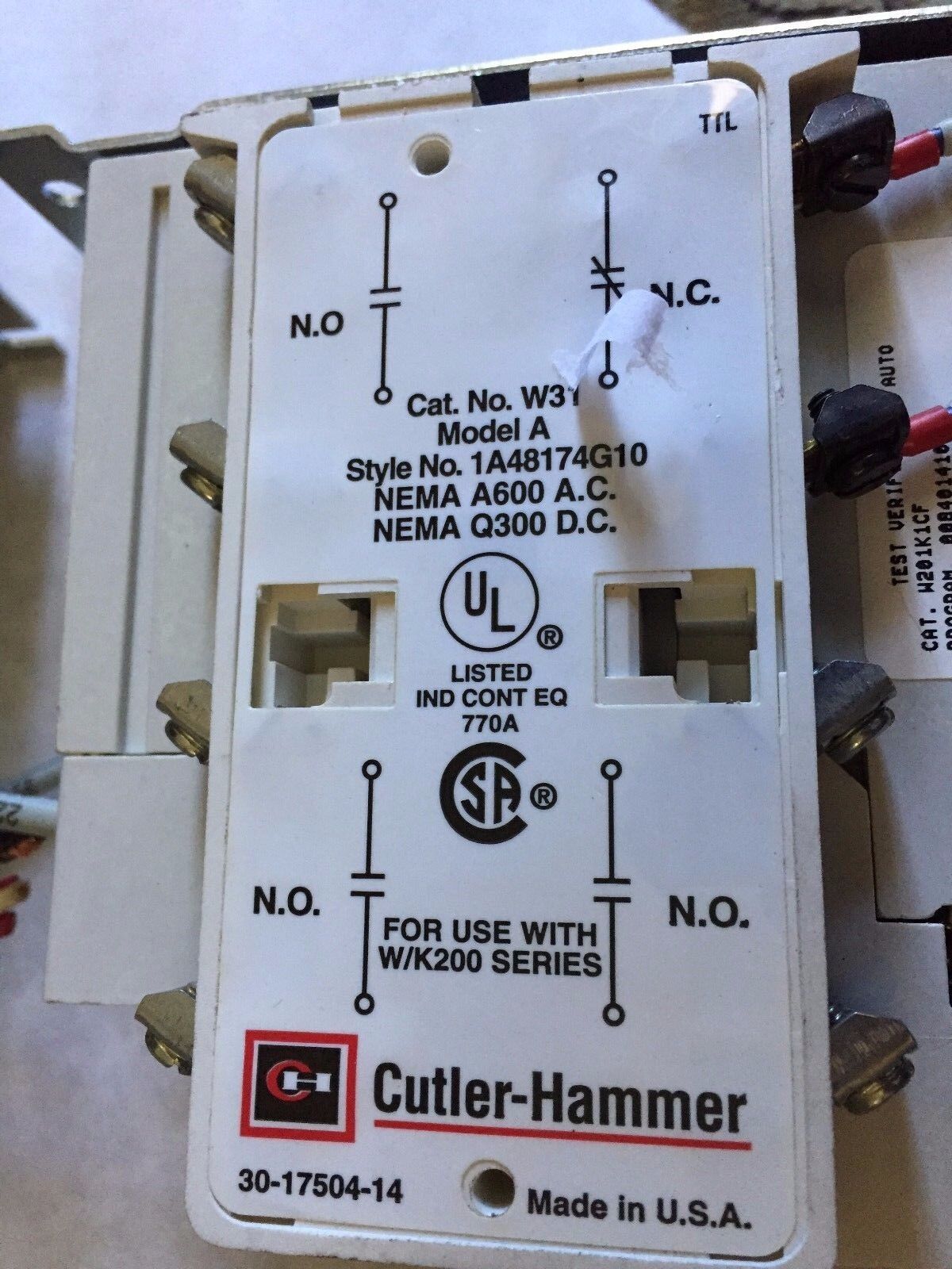 Cutler Hammer W201k1cf Contactor,Cutler Hammer W31 A,30-17966 Size 1, 843Con,Cw