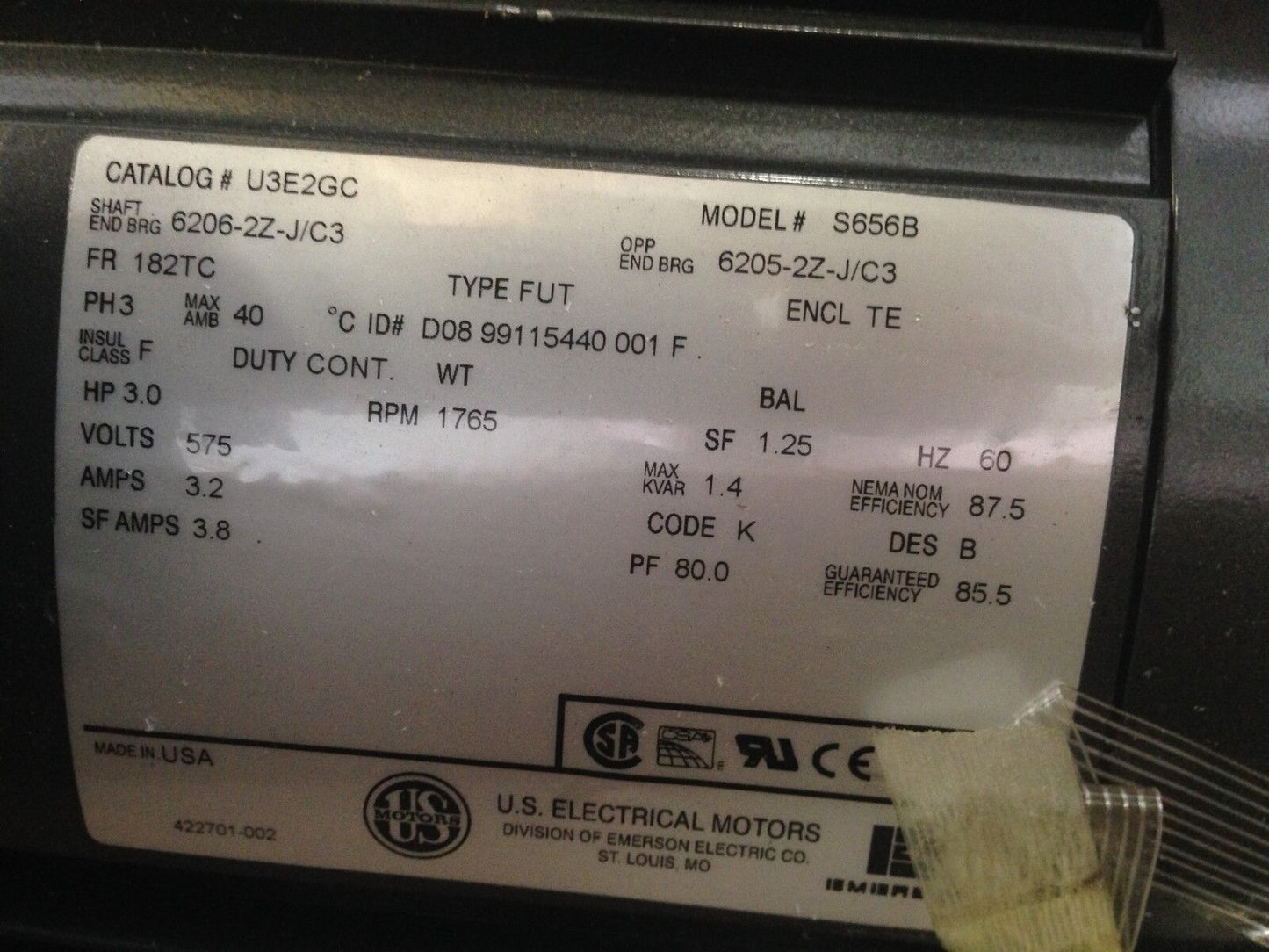 (Damaged) U.S. Electrical Emerson U3e2gc Ac Motor,3Hp,182Tc,575Vac,3Ph,S656b,Bl