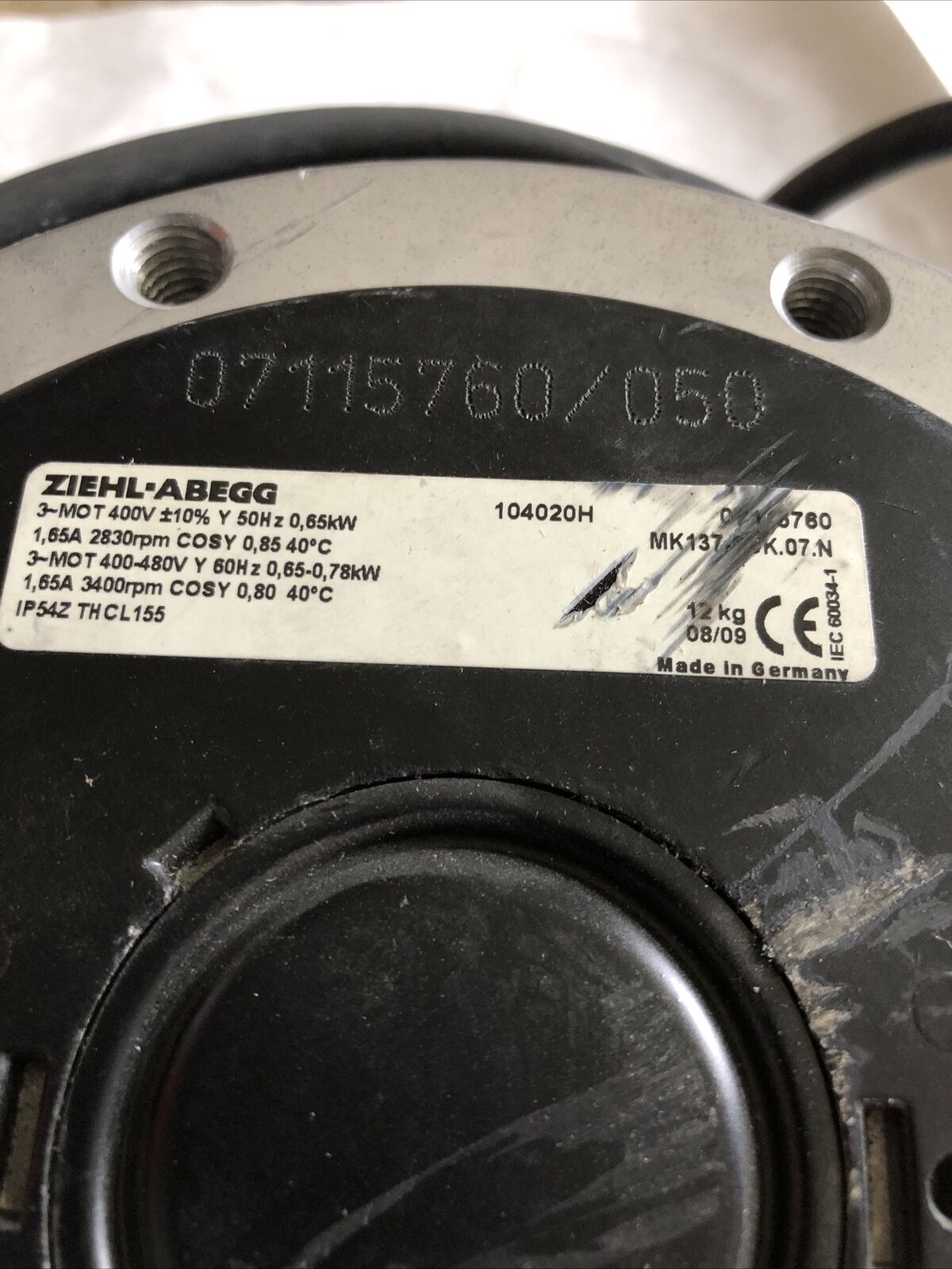 New Ziehl-Abegg 104020H,07115760/050 External Rotor Motor,0.78Kw,3Ph,400V,Bm