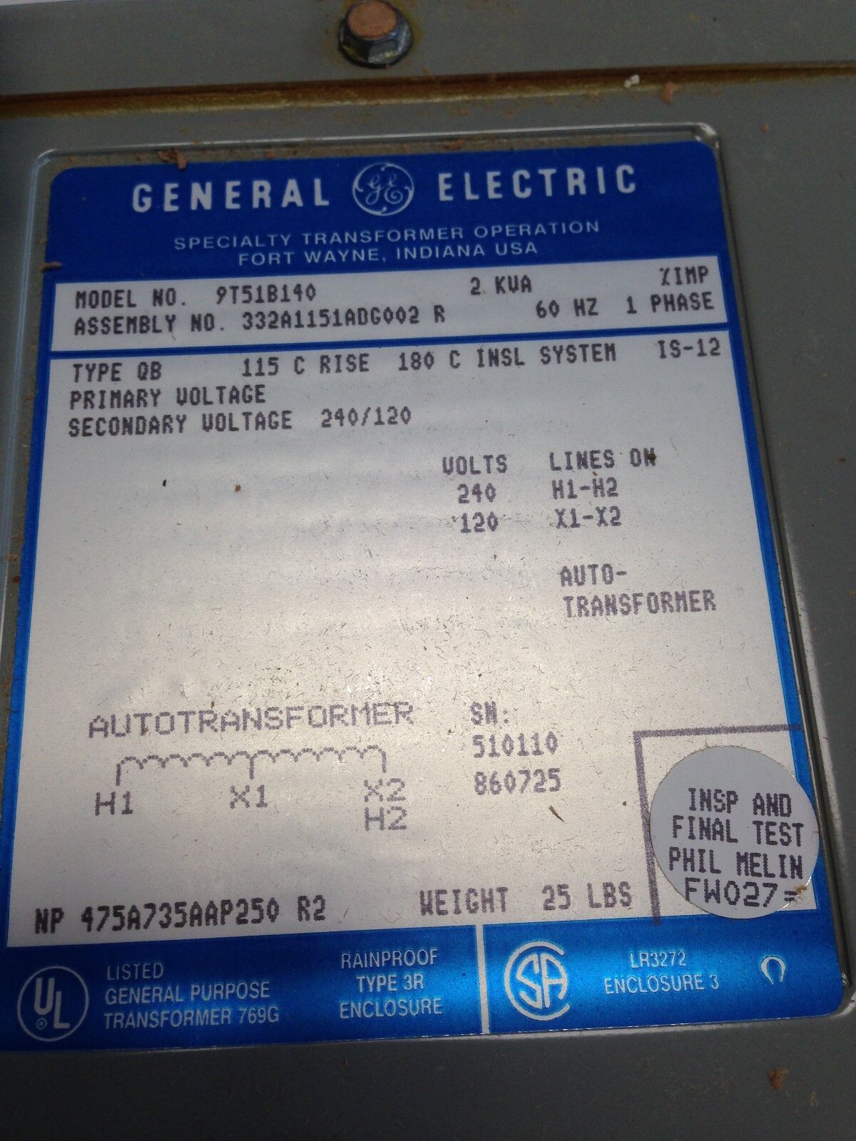 New General Electric Ge 9T51b140 Transformer 0.75Kva 1Ph 120Vpr ,Dh