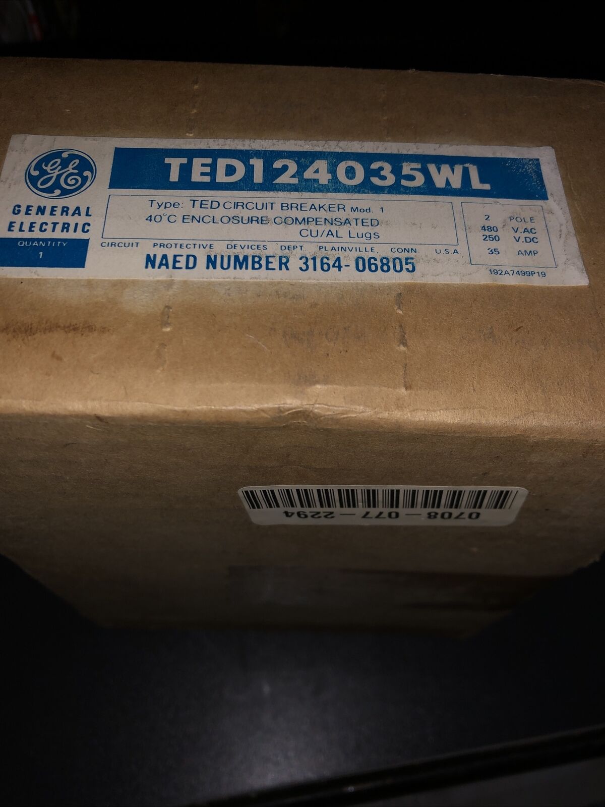 New Ge Ted124020 Ted124035wl Circuit Breaker, 2-Pole, 480Vac/250Vdc, 35A,Ay