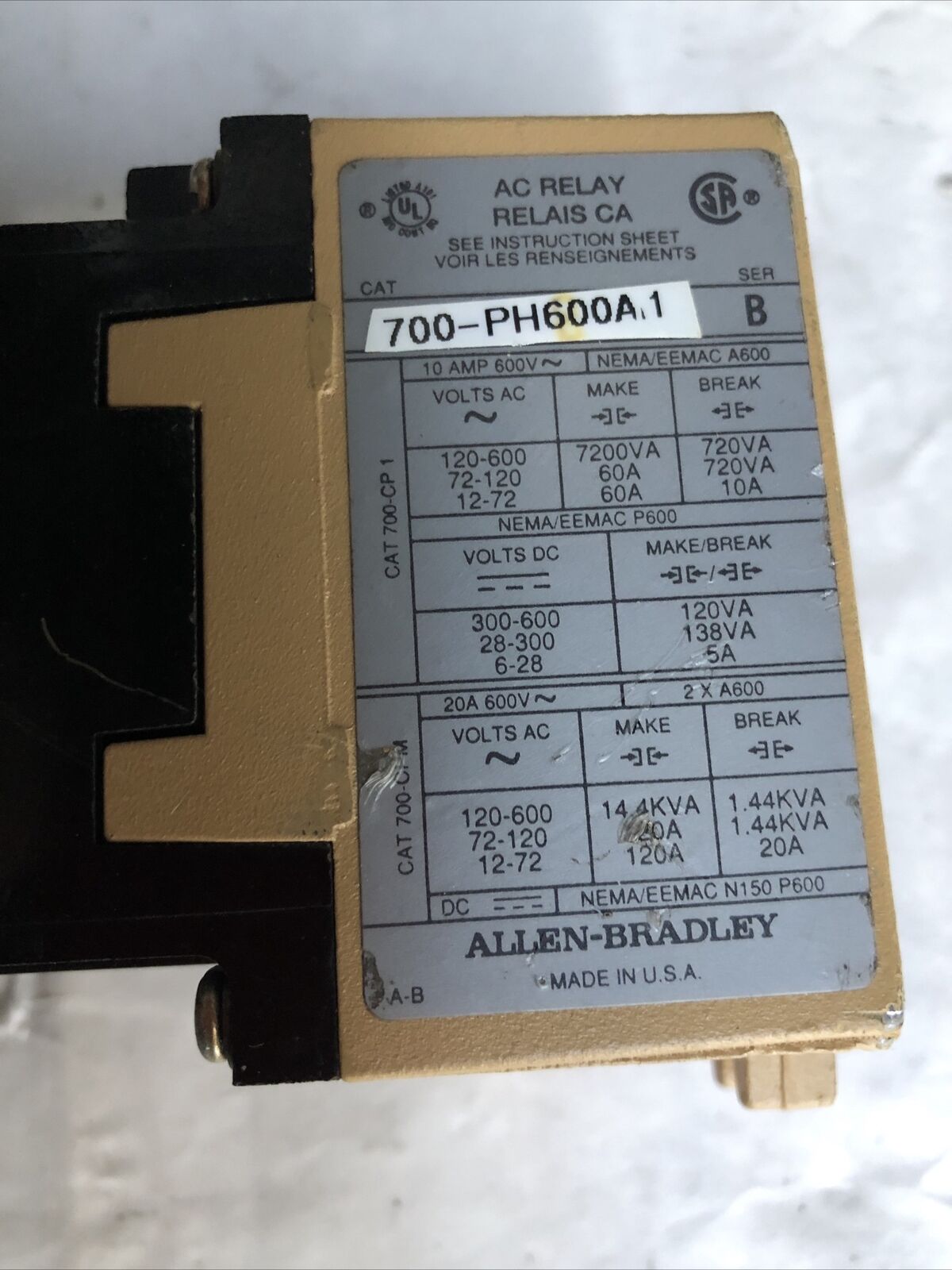 Allen Bradley 700-Ph600a1,700-Ph600a 1,115-120V,Bul 700 Type Pk,700-Ph600a1,,Fe