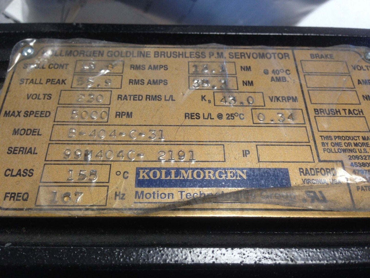New Kollmorgen B-404-C-31 Goldline Ac Servo Motor, 230 Vac, 5000 Rpm,Th