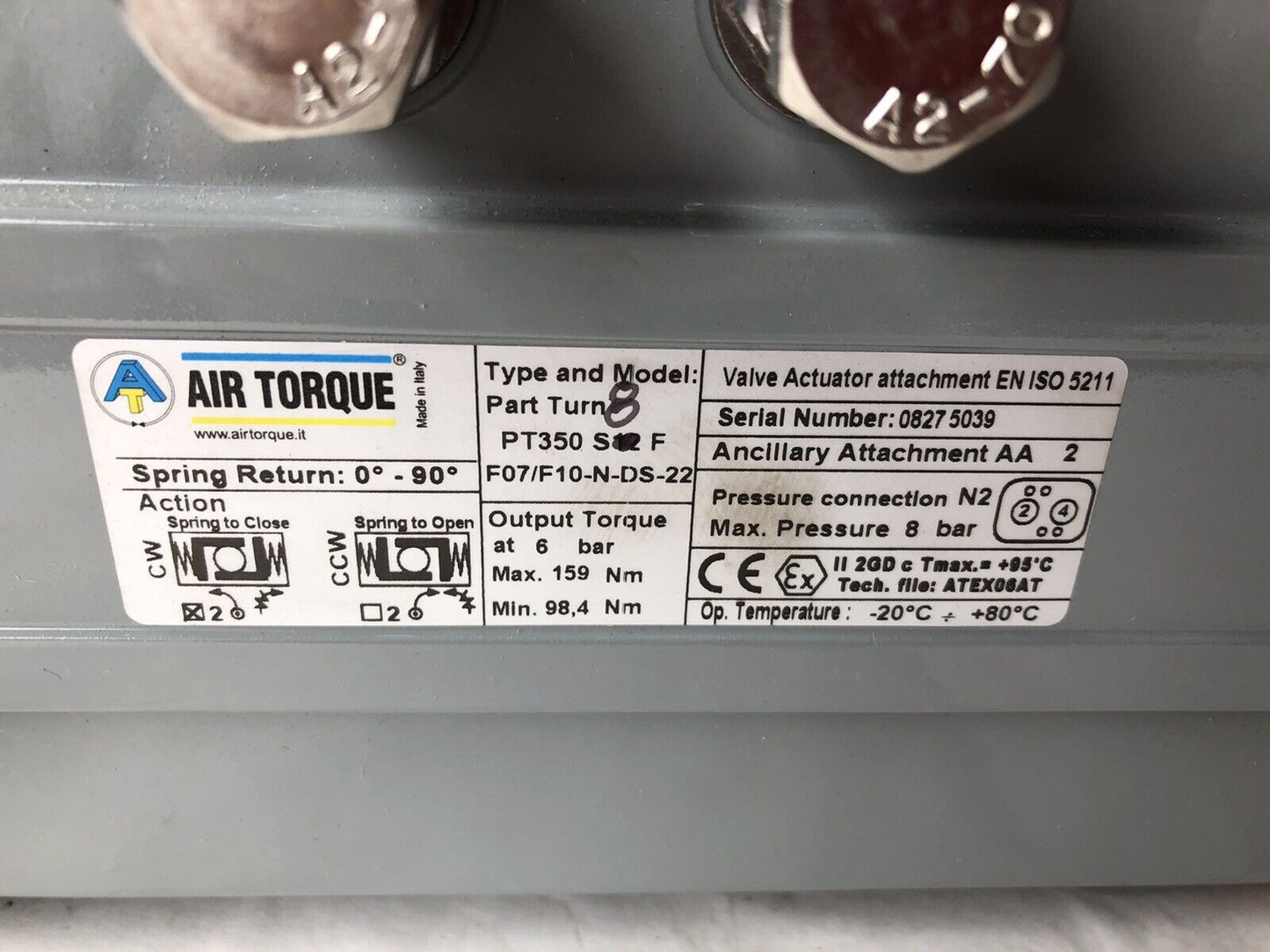 Air-Torque Pt350-S8 F,Pt 350 S12 F Pneumatic Valve Actuator F07/F10-N-Ds-22,Av