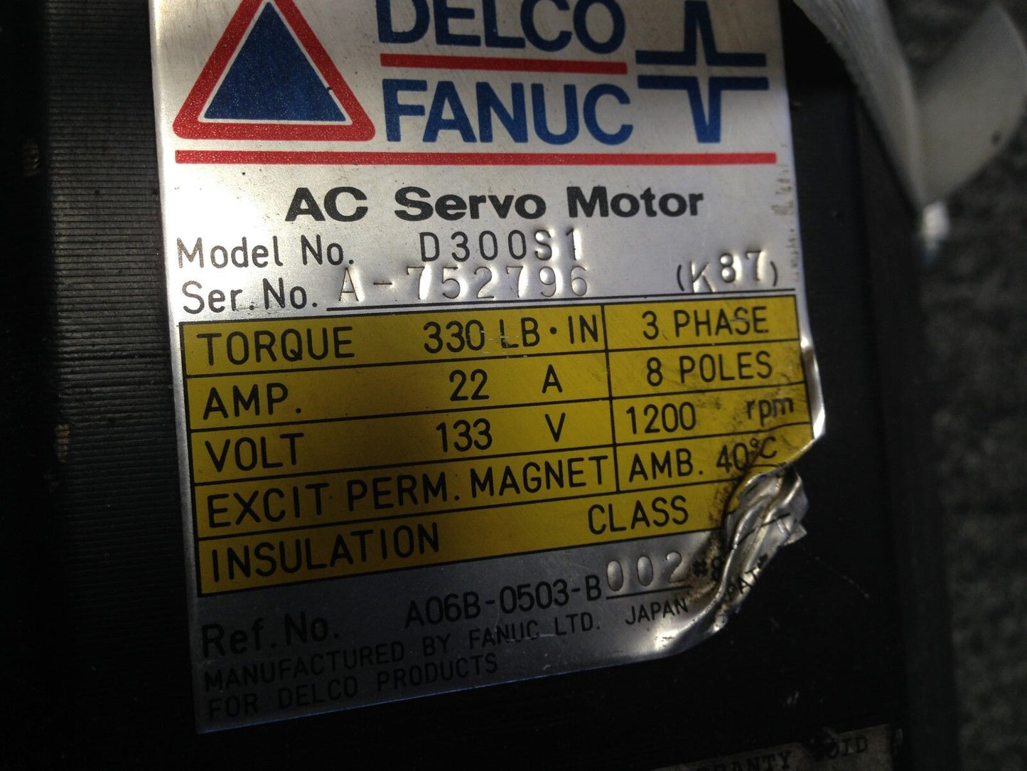 Delco Fanuc D300s1 Ac Servo Motor,A06b-0503-B002  3Ph, 8-Pol,Td
