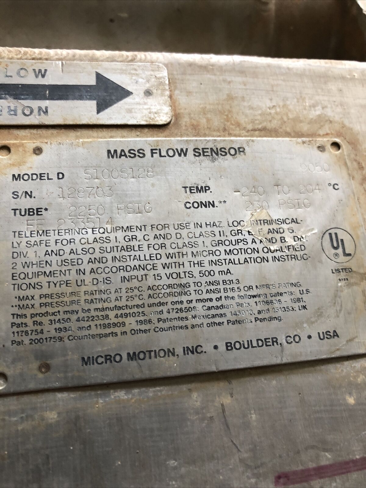Micro Motion S100s128,Ds100s128 Stainless Steel Mass Flow Sensor,Ds100s128,Bi