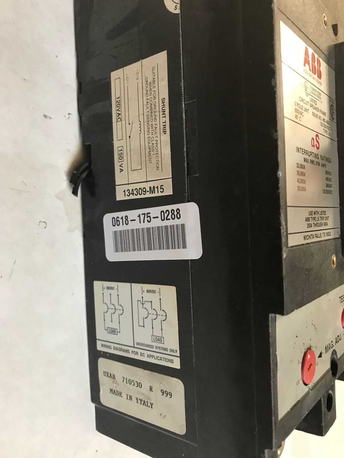 Abb Tl1400,Abb Ls,Abb Tl1600,Circuit Breaker,3 Pole 600A 600Vac 125/250Vdc,Sa