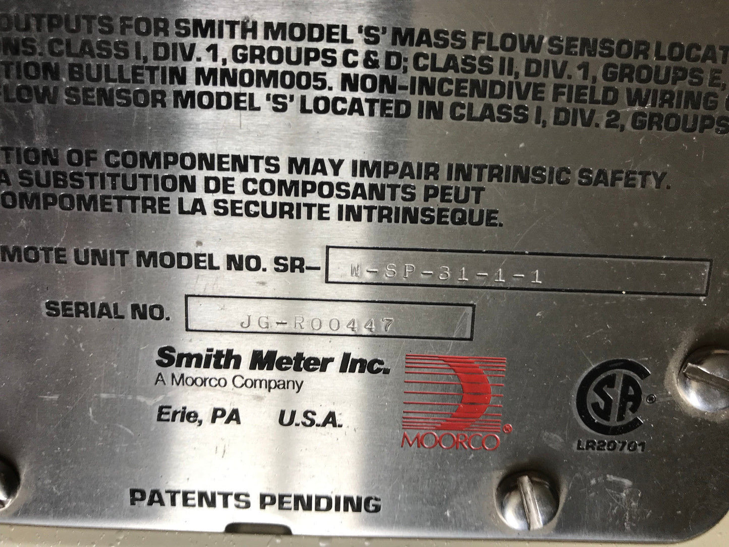 Smith Meter Sr-W-Sp-31-1-1 Mass Flow Remote 3.0/1.5A 120/240Vac T4a,W-Sp-3111,Sr