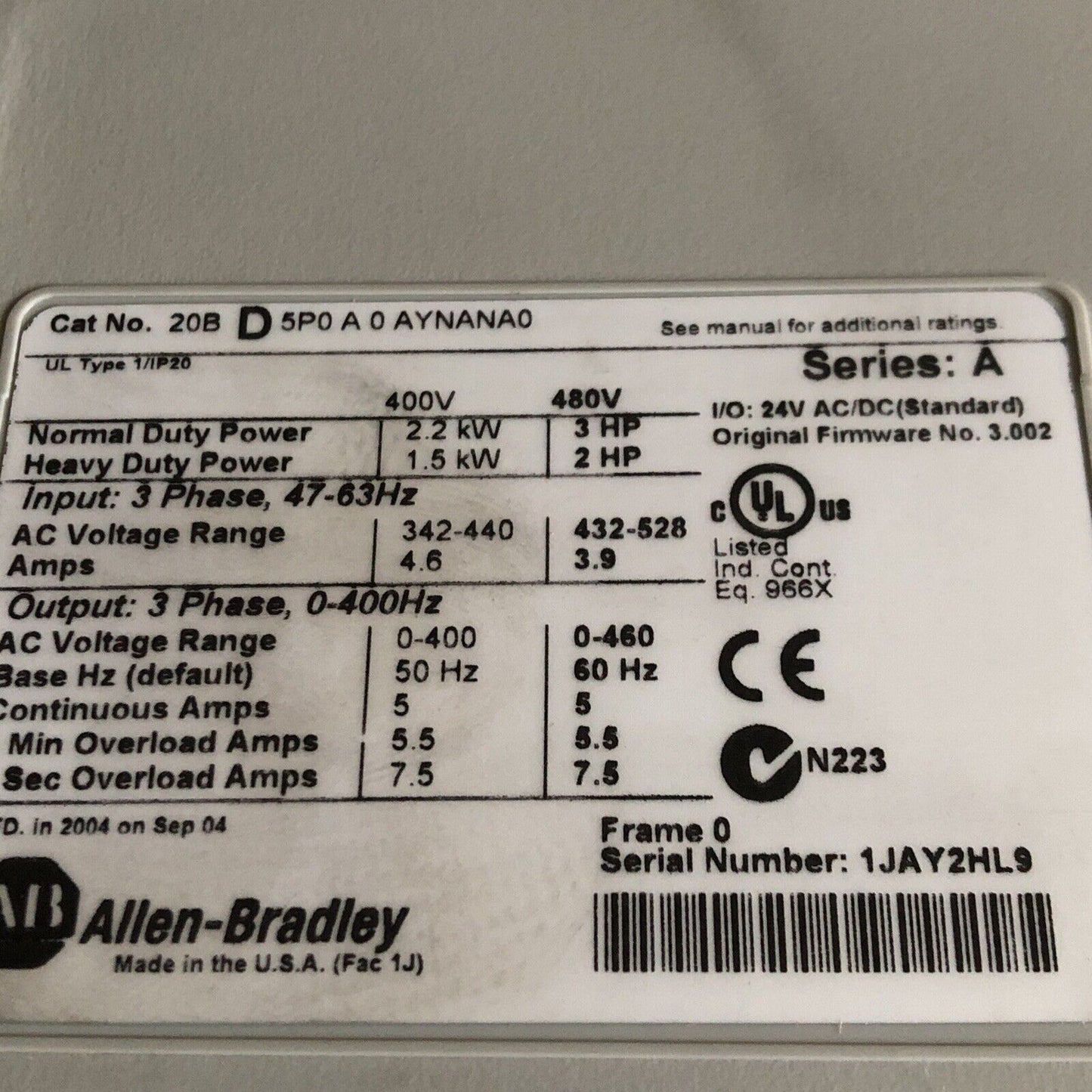 New Allen Bradley 20Bd5p0a0aynana0 Drive,Power Flex 700,20B D 5P0 A 0 Aynana0,Eb