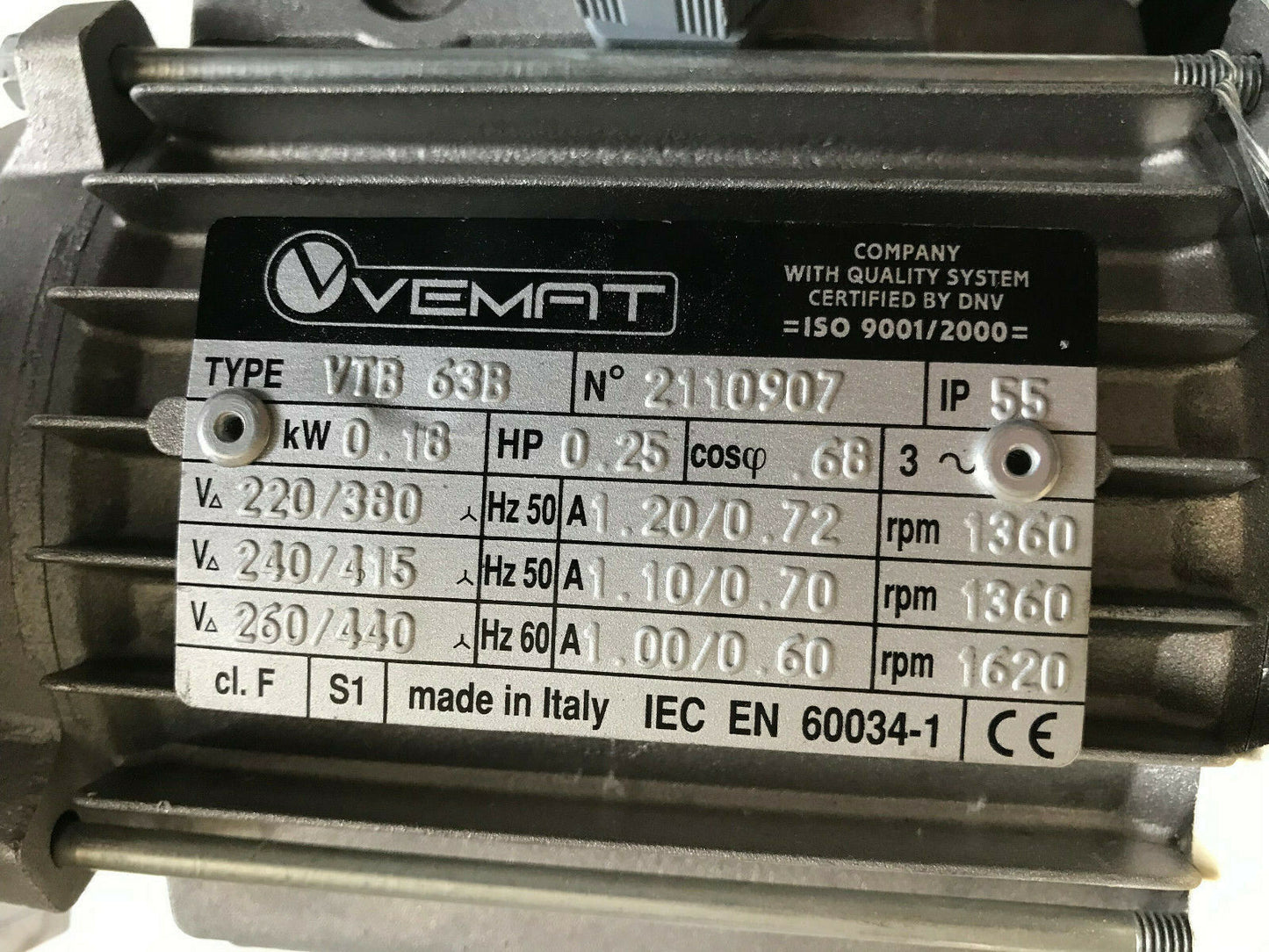 Vemat Vtb 63B Electric Motor 440V .25Hp 1360/1620Rpm,Siti Mi 30 M6,F.11,Sm