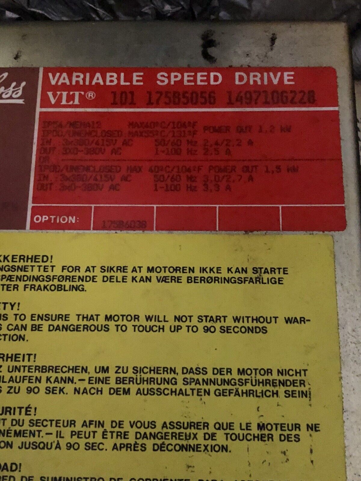 Danfoss 101 175B5056 14971Og228 Vlt Variable Speed Drive, 1.5 Kw,Ei
