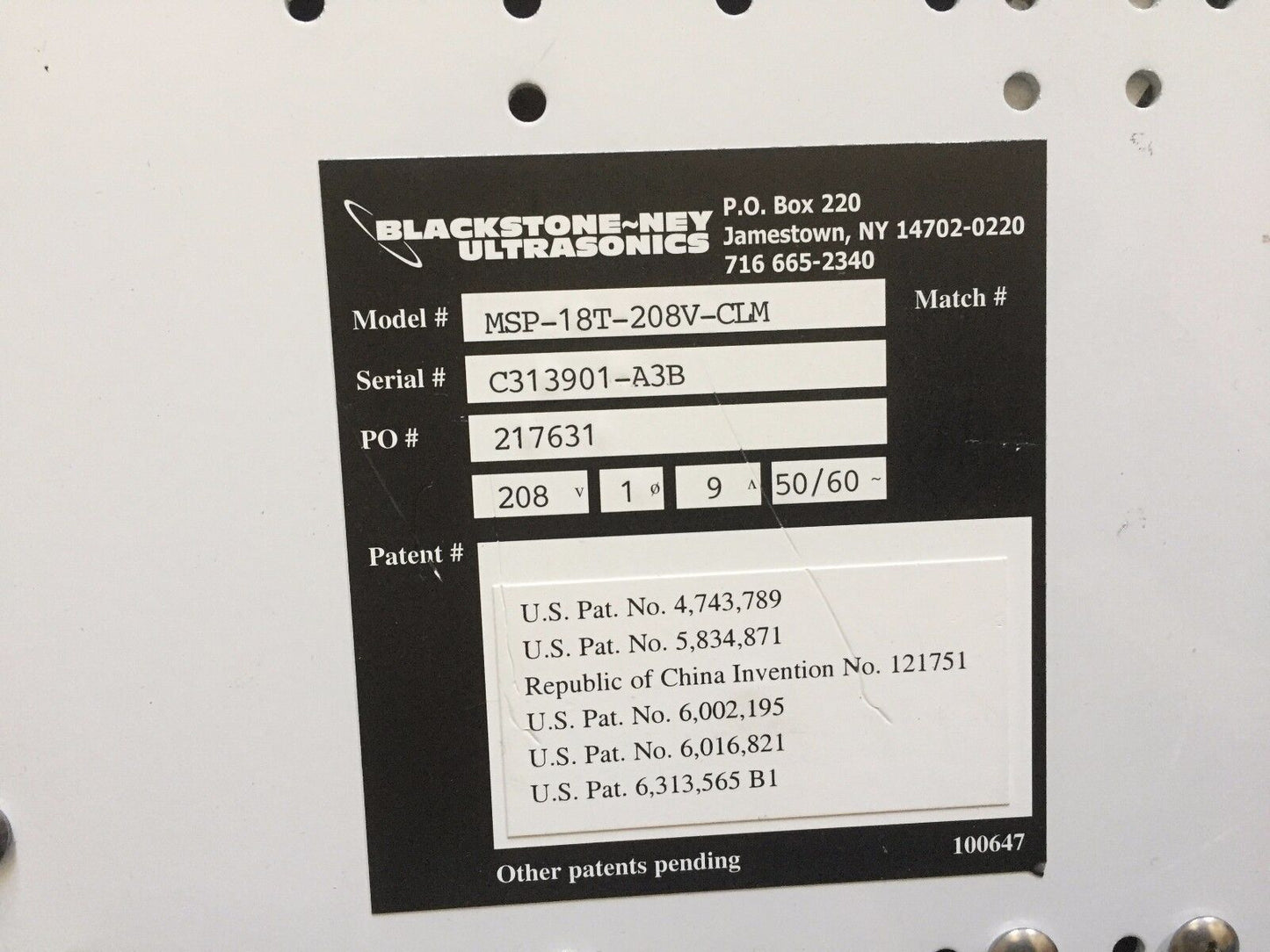 Blackstone Ney Msp-18T-208V-Clm,Ultrasonics Generator,Multisonik,C313901-A3b,Ac