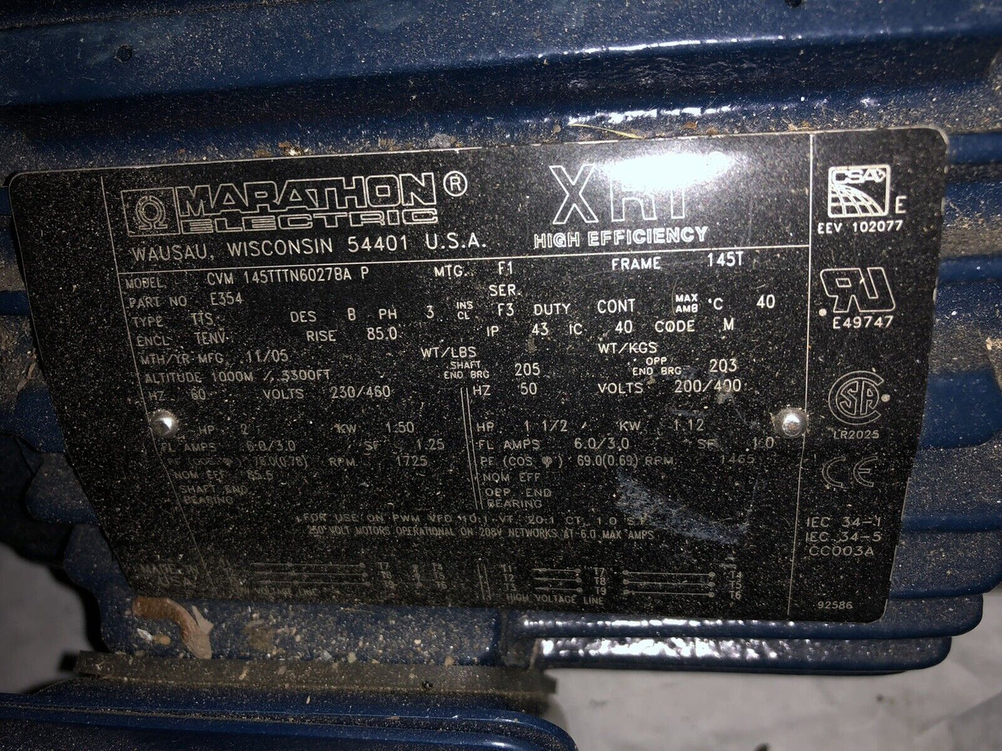 Cvm 145Tttn6027 Ba P Marathon Motors Marathon  2Hp 3P 1725Rpm 230/460,E354,Te