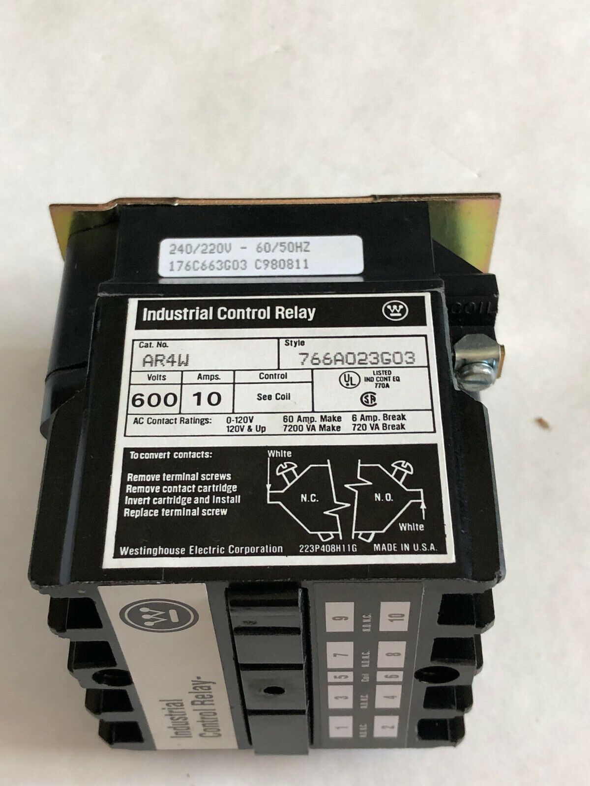 New Cutler Hammer Ar4w 766A023g03 240/220V,10 Amps Industrial Control Relay,Ej