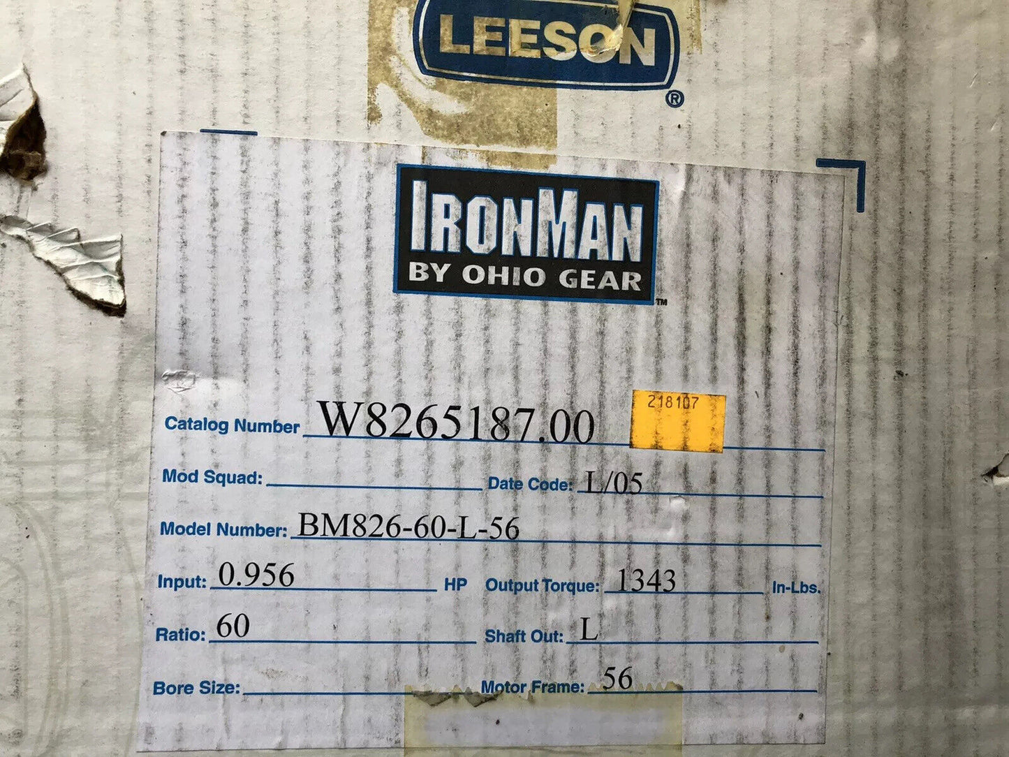New Leeson Electric Co Motor W8265187.00,Bm826-60-L-56, 4.266Hp 7.5:1Rat,Tb