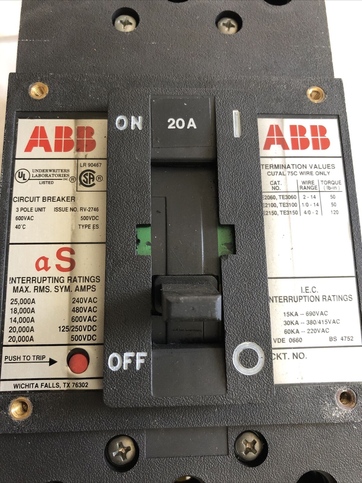 Abb Es,20A,Abb Mf726789,3P,As Lr90467 Cu7al,Uxab 727131 R 103 Circuit Breaker,Eb