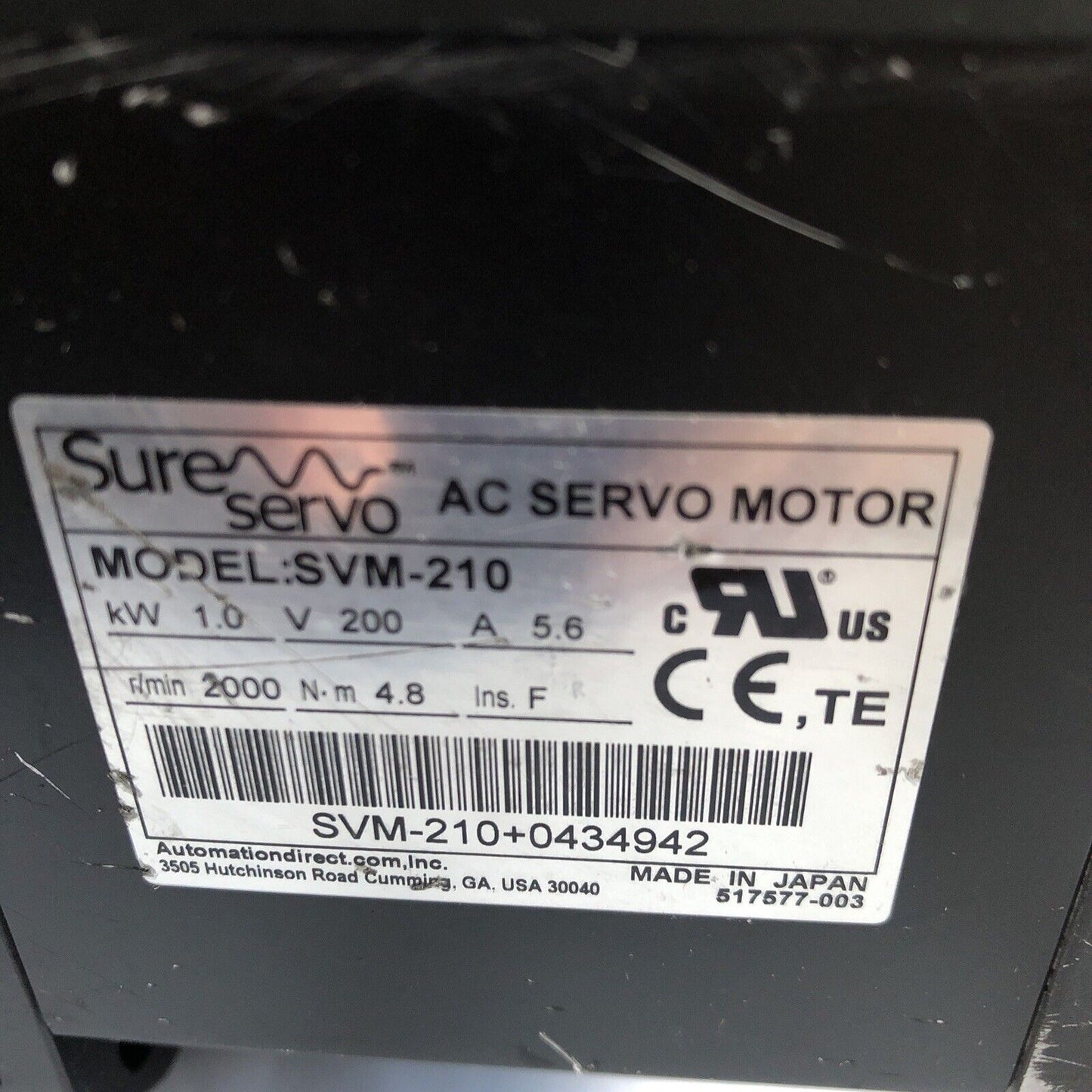 New Sure Servo Svm-210+0434942 Ac Servo Motor. 200V 5.6A 1Kw,Sure Svm-210,Ba