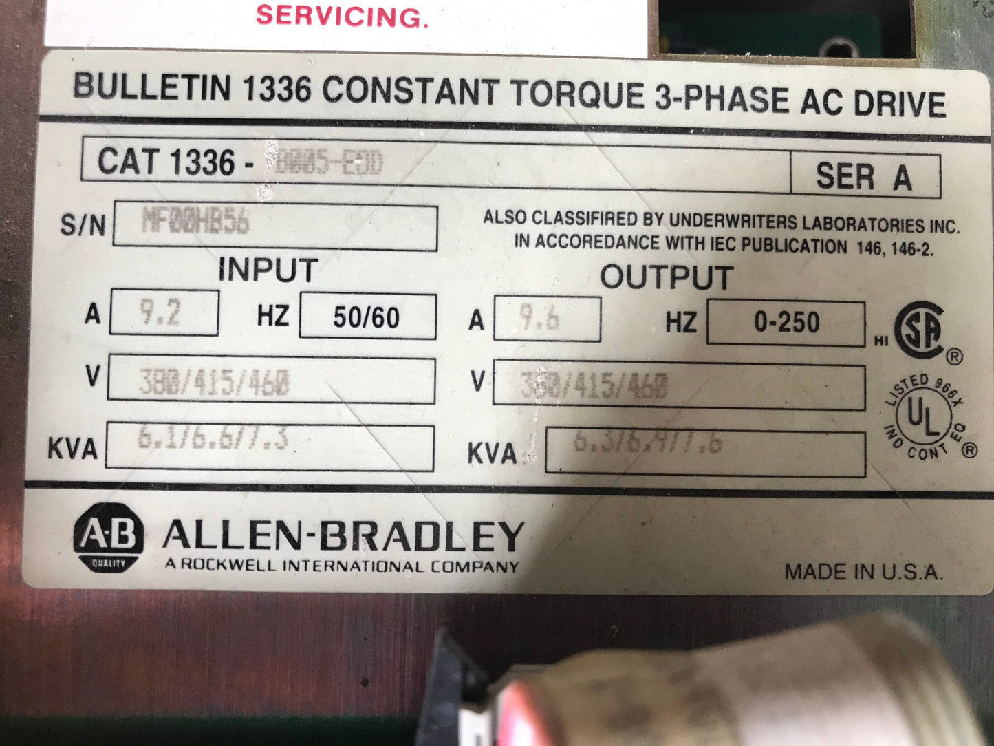 Allen Bradley 1336 B005-Eod, Drive 5Hp, 9.2A,9.6A 3Ph,1336B005eod Ser A,1336,Er